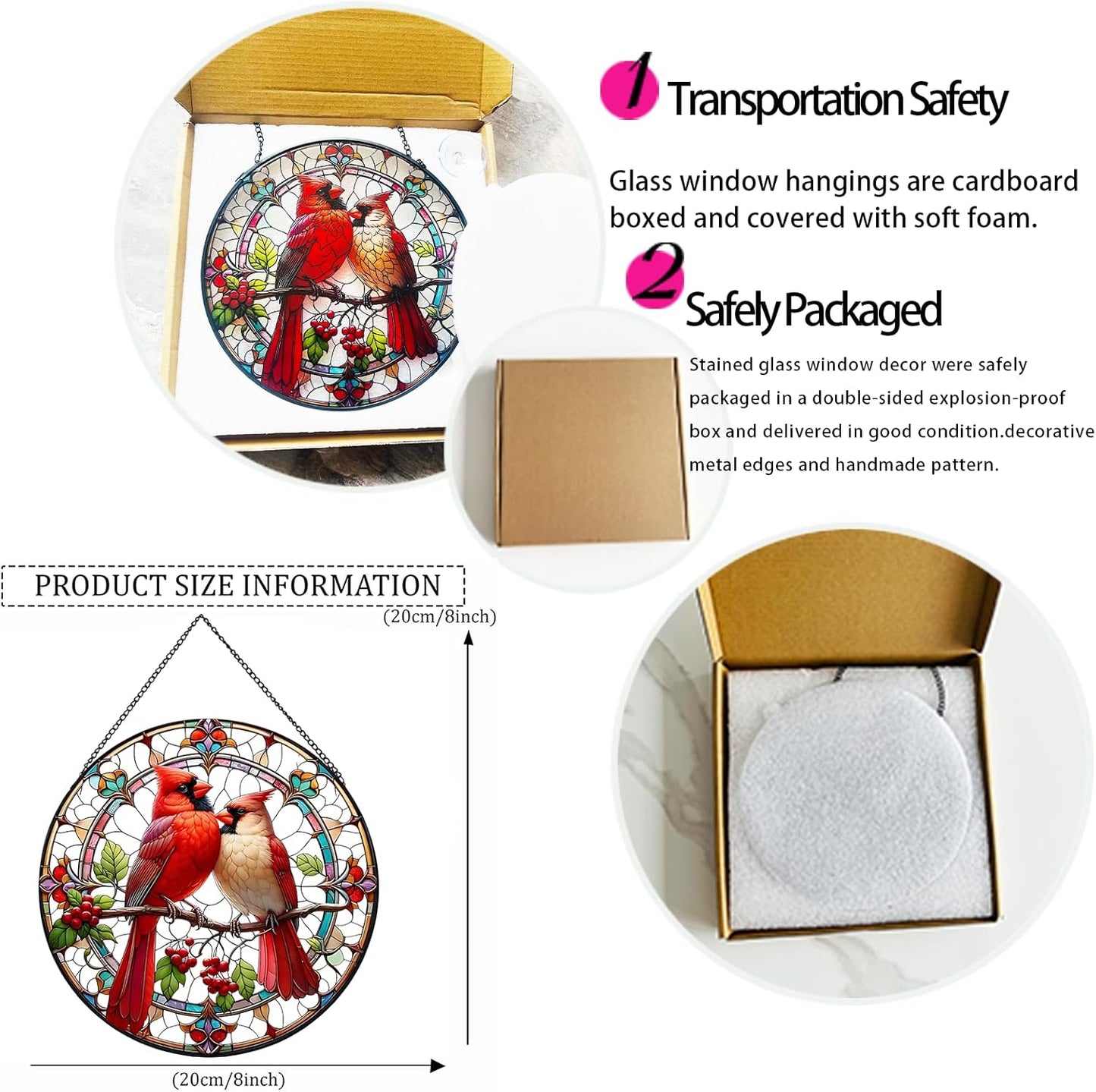 RIVEENY Cardinal Stained Glass Suncatchers for Windows Hanging,Couple Red Love Birds Sun Catchers for Christmas Ornaments, Stained Glass Cardinal Memorial Gifts for Women Mom 20cm/7.87inch