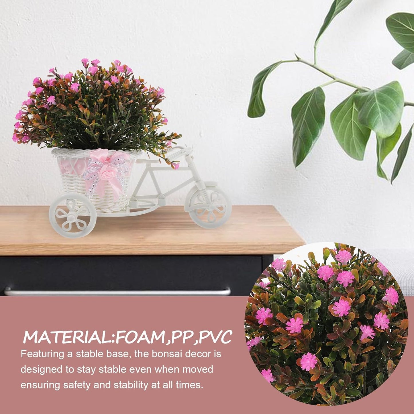 GANAZONO Artificial Potted Plant Bicycle Faux Bonsai Decor for Home Office Desk Decoration Easy Maintenance Mini Fake Flower Pot Stand Ideal for Wedding Party and Indoor Display