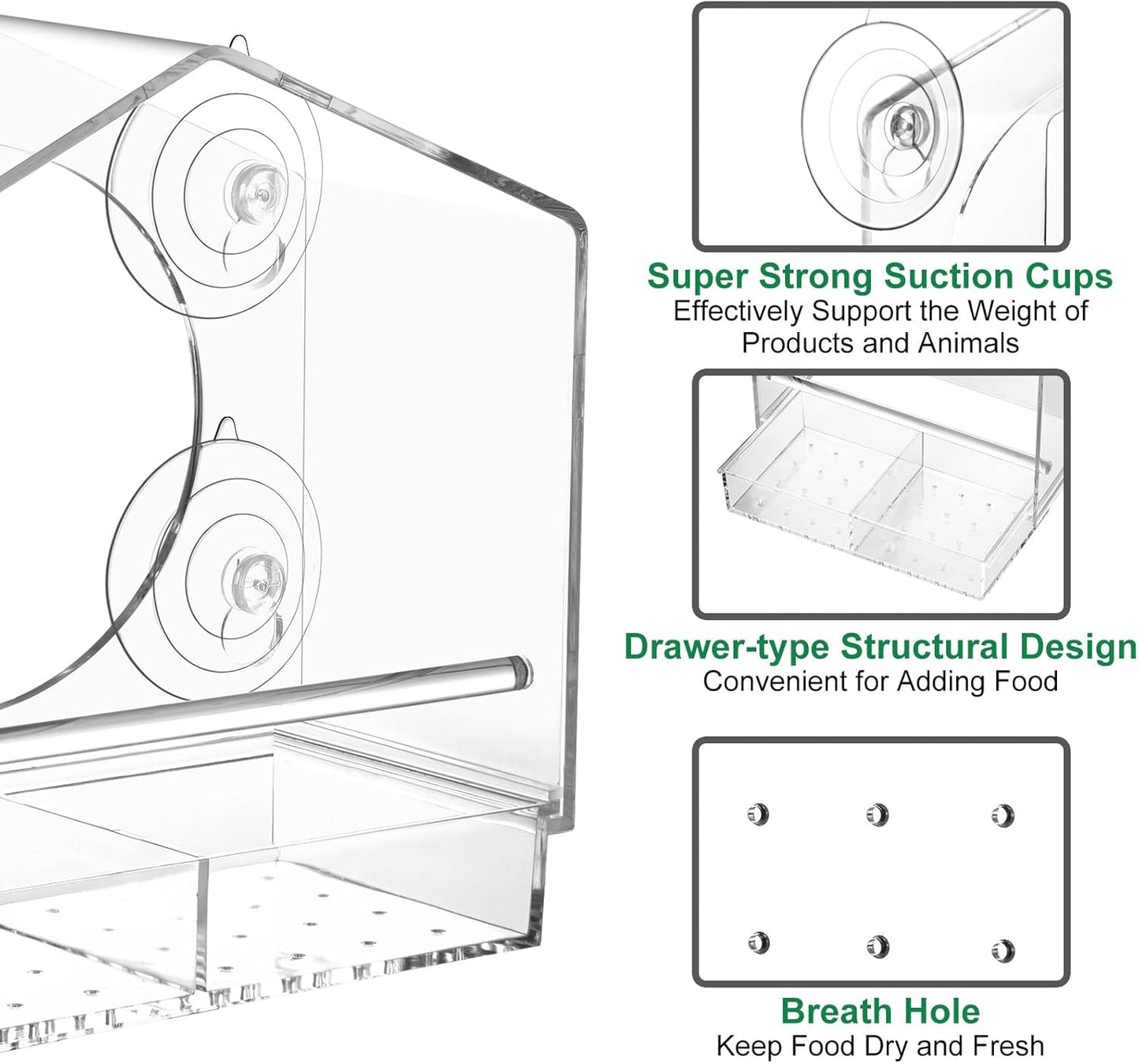 Clear Window Bird Feeder with Slide-Out Removable Tray - 4 Strong 2.36 Inch Suction Cups Acrylic House - See-Through Window Feeders for Outside - Bird Watching for Mom, Cats & Elders