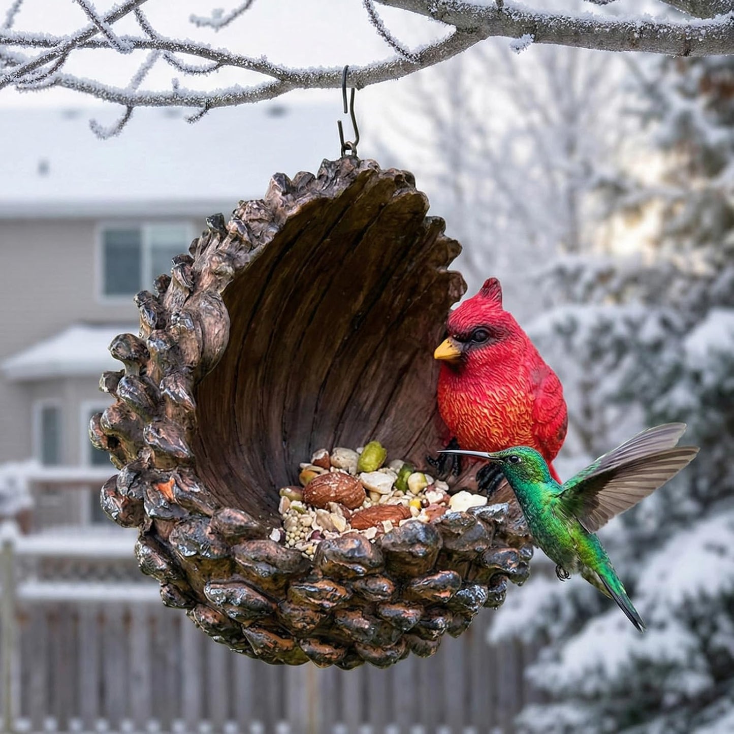 Hanging Wild Bird Feeder for Outside - Whimsical Resin Garden Art & Outdoor Tree Decor, Weather Resistant Hand Painted Statue, Yard Decoration Gift for Bird Watchers, 7.5 Inch