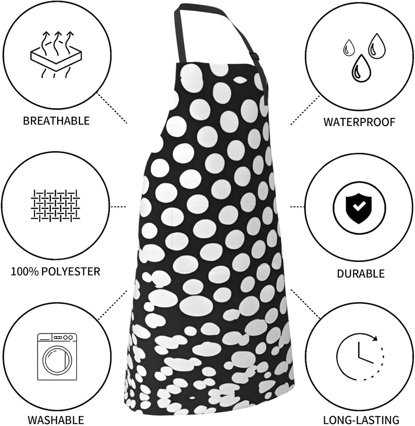 Black White Polka Dots Pattern print Waterproof chef's apron with pocket apron for kitchen cooking baking barbecue and gardening