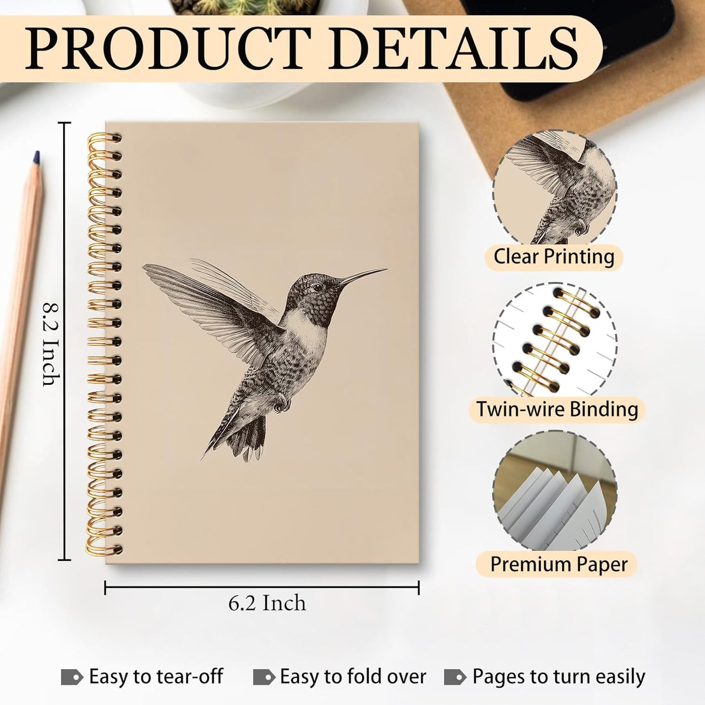 huester Vintage Hummingbird Bird Notebook Journal, Hummingbird Gifts Journal for Women, Bird Lovers Gifts Notebooks for Note Taking, Neutral Birds Hardcover Spiral Notebook, 5.5x8.3 Inch