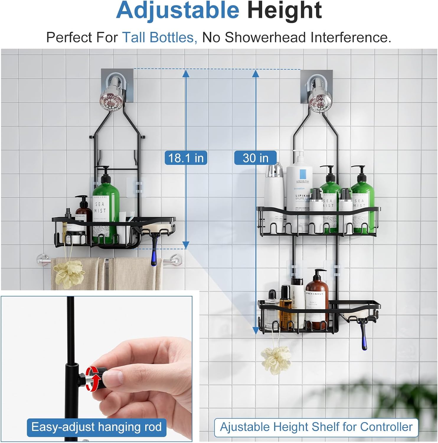 Upgraded Extended Length Shower Organizer with Hooks, Rustproof Shampo