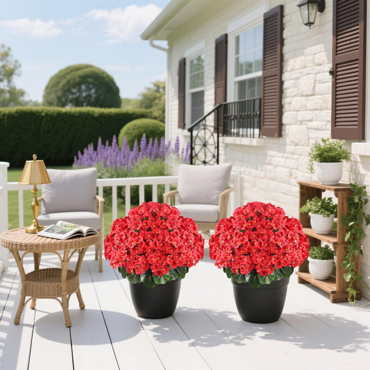 Romantic season 20" Artificial Geraniums Bush in Pot, Outdoor Fake Potted Plant with UV Resistant Red Flowers for Patio, Front Porch, Garden, Balcony & Home Decor