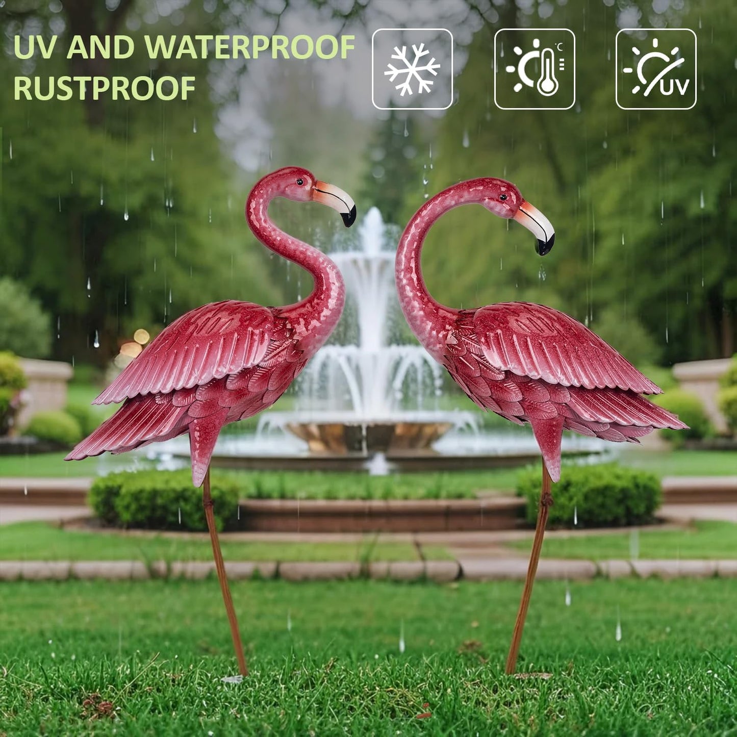 Kircust Outdoor Statue Flamingo Garden Decor, Yard Art Metal Birds Sculpture & Statues, Large Pink Flamingos Lawn Ornaments for Home, Patio, Backyard Decor (2-Pack)