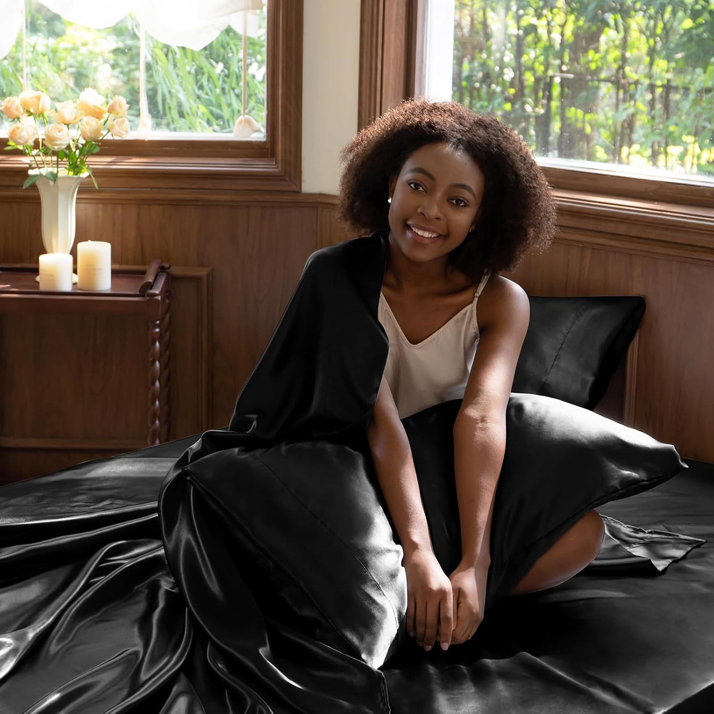 CozyLux Satin Sheets Queen Size Bed Set - 4 Piece Silky Queen Sheet Set, Luxury Black Queen Sheets with Smooth and Soft Microfiber, Includes 1 Fitted Sheet, 1 Flat Sheet and 2 Pillowcases