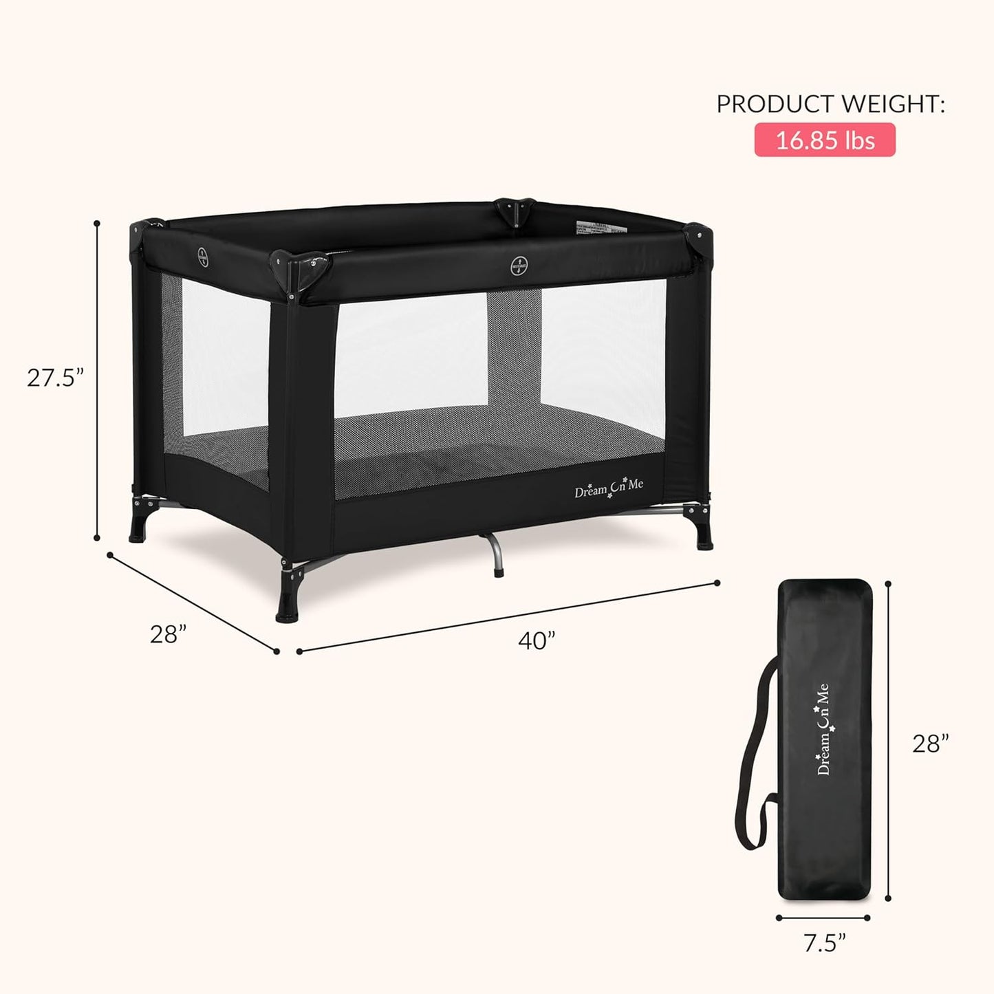 Dream On Me Nest Portable Playard in Black with Carrybag an Shoulder S