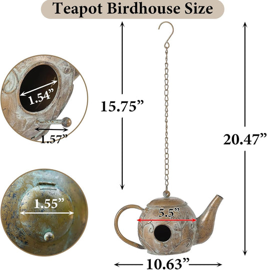 Bird House, Teapot Hanging Bird House, Metal Bird Houses for Outside, Antique Cute Birdhouse, Unique Decorative Birdhouses for Outdoors Garden Patio Yard Lawn Backyard Decor