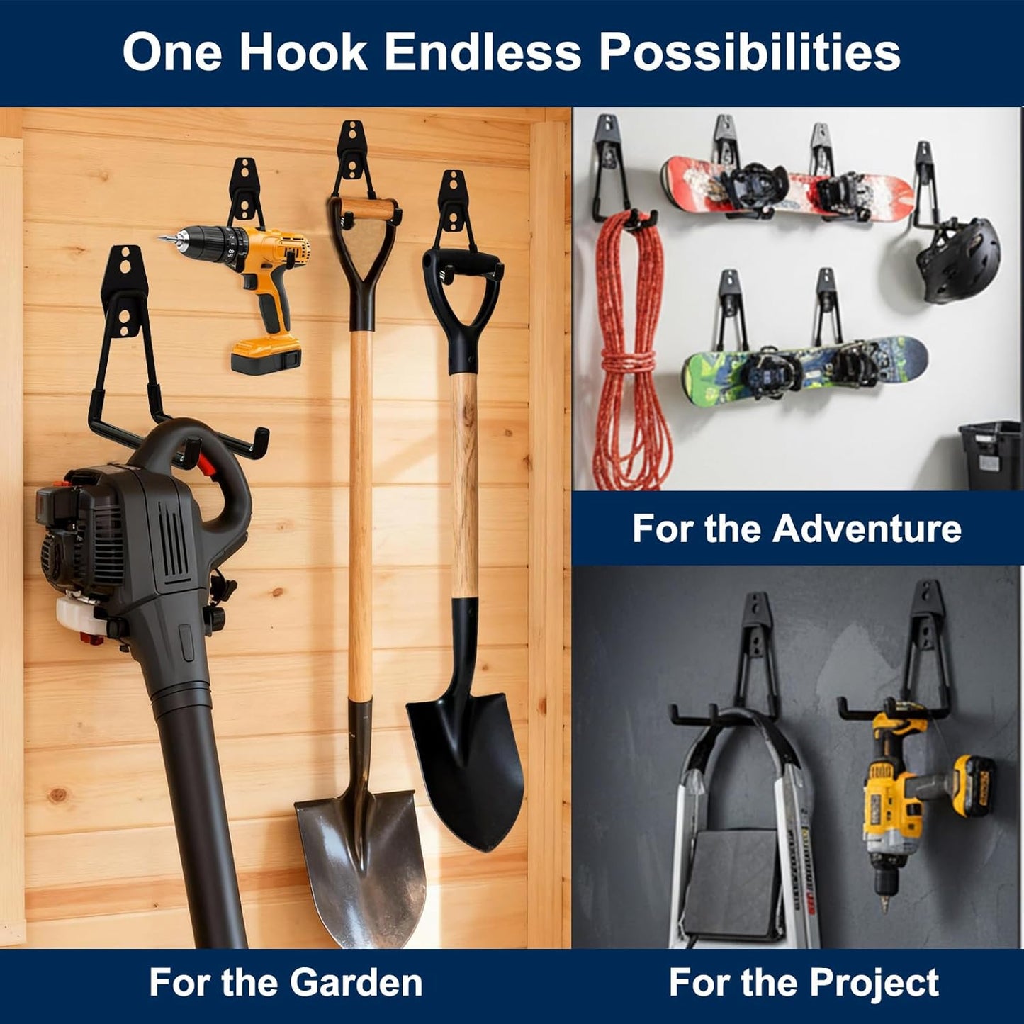 4 Pack Heavy Duty Garage Hooks with 2 Extension Cord Organizer Straps, 7.7 Inch Long Utility Hangers Wall Mount for Ladder, Bikes, Garden Tools, Hose, Ski Storage, Maximize Vertical Space