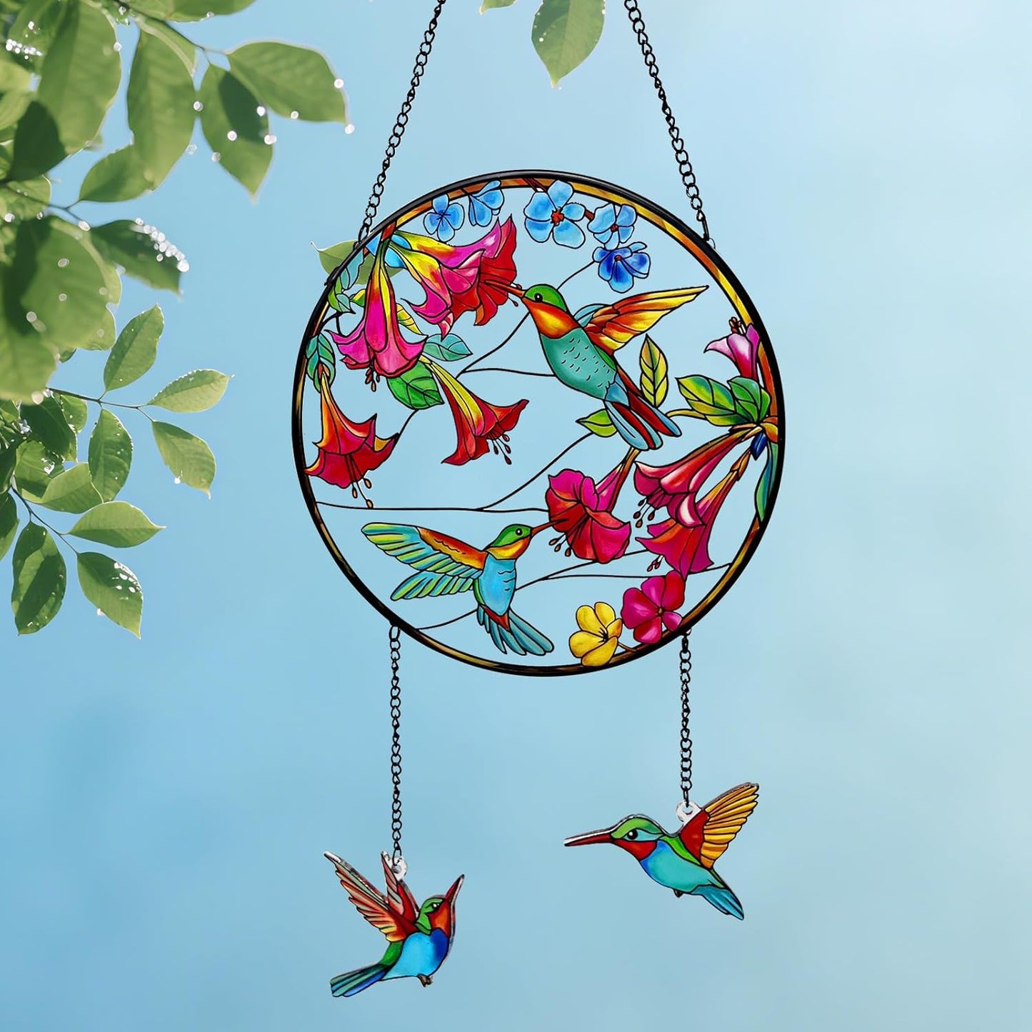 Stained Glass Suncatcher for Window, Marzovitra 8 inch Hummingbird Sun Catcher Hanging with Flowers & 2 Dangling Charms Real Glass Window Decor, Garden Hanging Art Gift for Women, Mom, Nature Lovers