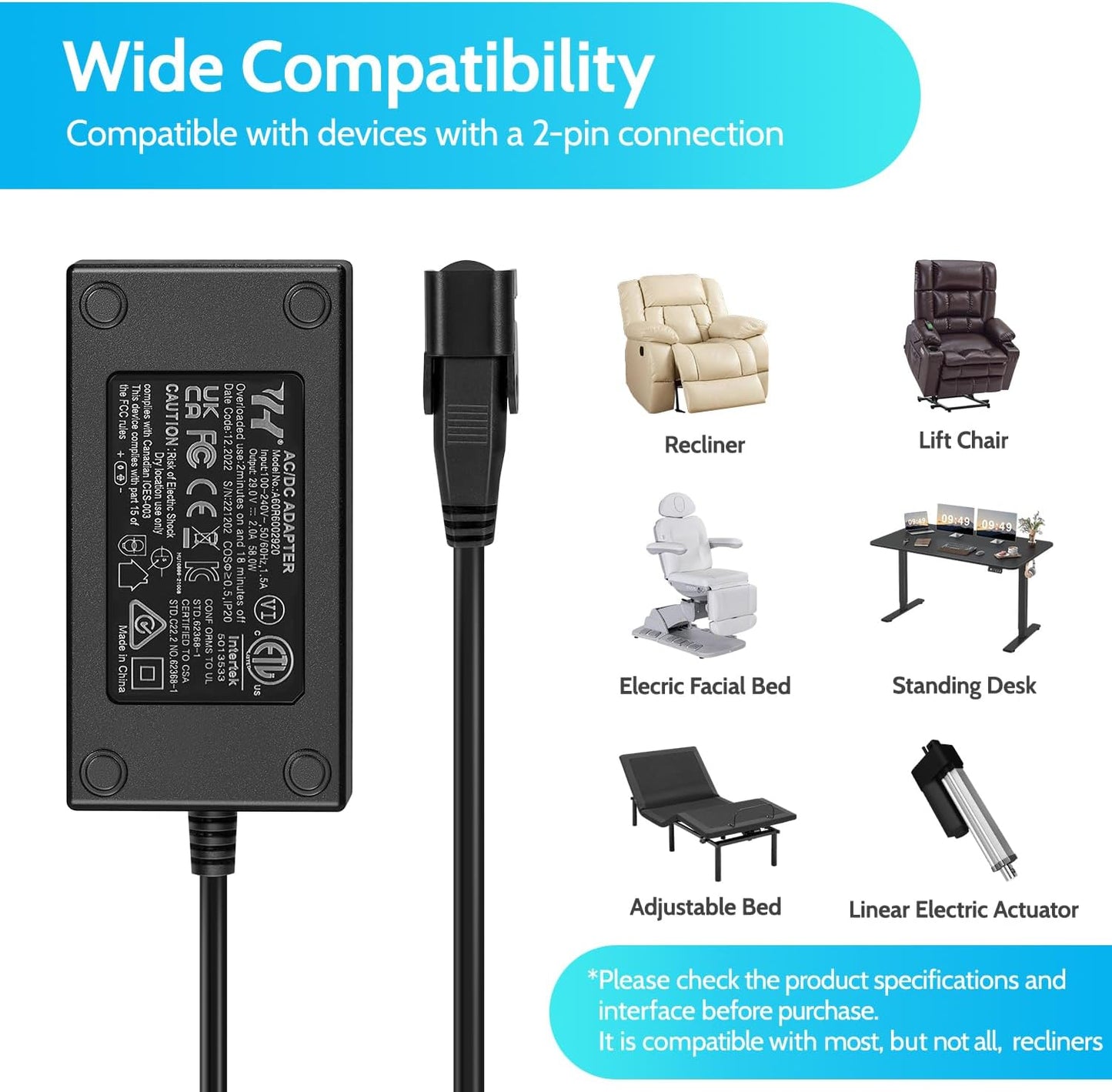 Power Recliner Power Supply, Sopito 2-Pin AC/DC Adapter 100-240V, Quality 29V 2A Switching Transformer, Replacement Part for Recliner Couch/Electric Sofa/Lift Chair/Standing Desk