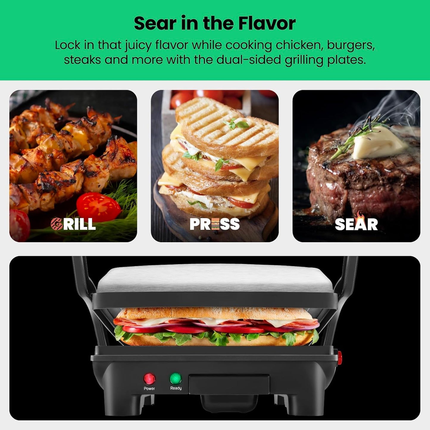Chefman Panini Press Grill and Gourmet Sandwich Maker Non-Stick Coated Plates, Opens 180 Degrees to Fit Any Type or Size of Food, Stainless Steel Surface and Removable Drip Tray, 4 Slice, Black