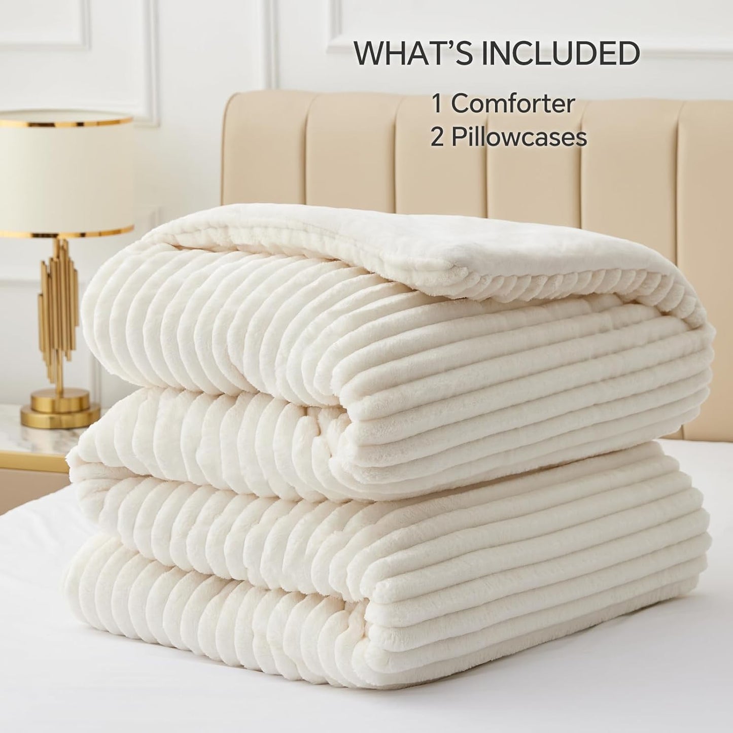 BEDELITE Fleece Queen Comforter Set -Super Soft & Warm Fluffy Cream White Bedding, Luxury Fuzzy Heavy Bed Set for Winter with 2 Pillow Cases
