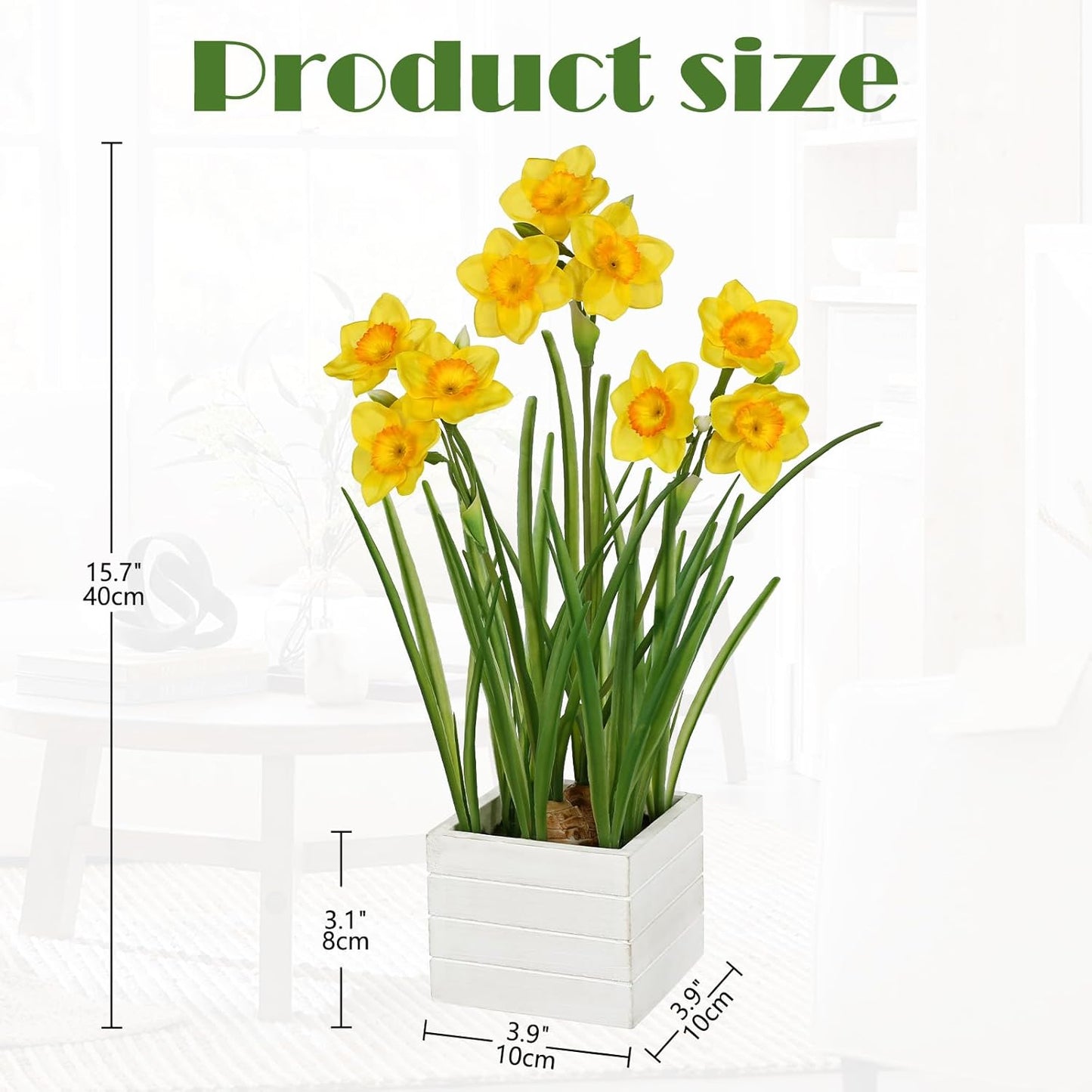 Yellow Daffodils Artificial Flowers In Wood Planter Pot, 15.7" Fake Potted Daffodils Plants Spring Floral Arrangements, Silk Daffodil Faux Spring Flowers for Living Room, Entryway, Bathroom Decor