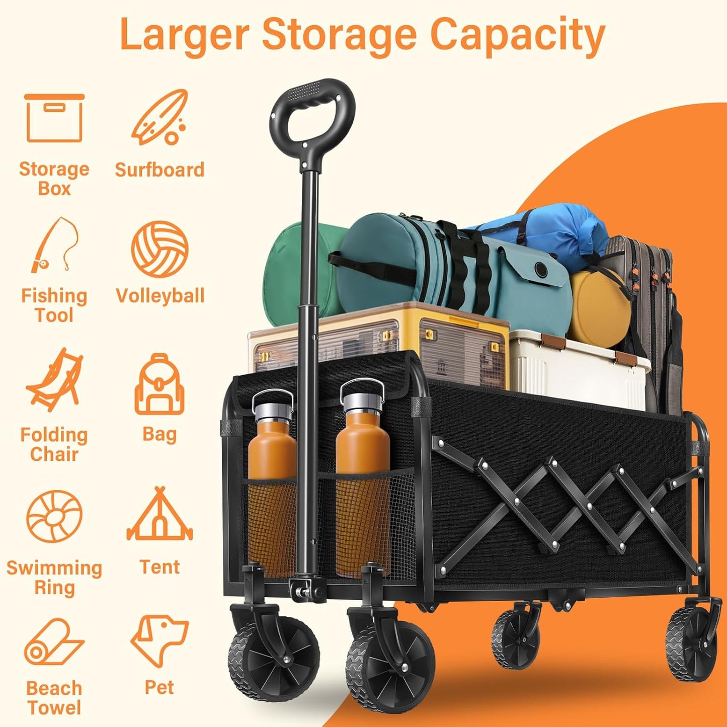 Wagons Carts Foldable, Collapsible Wagon, Folding Wagon Cart with Wheels, Wagons Carts Foldable 280 Lbs - Lightweight Portable Small Fold Up for Camping, Travel, Sports, Grocery, Shopping, Black