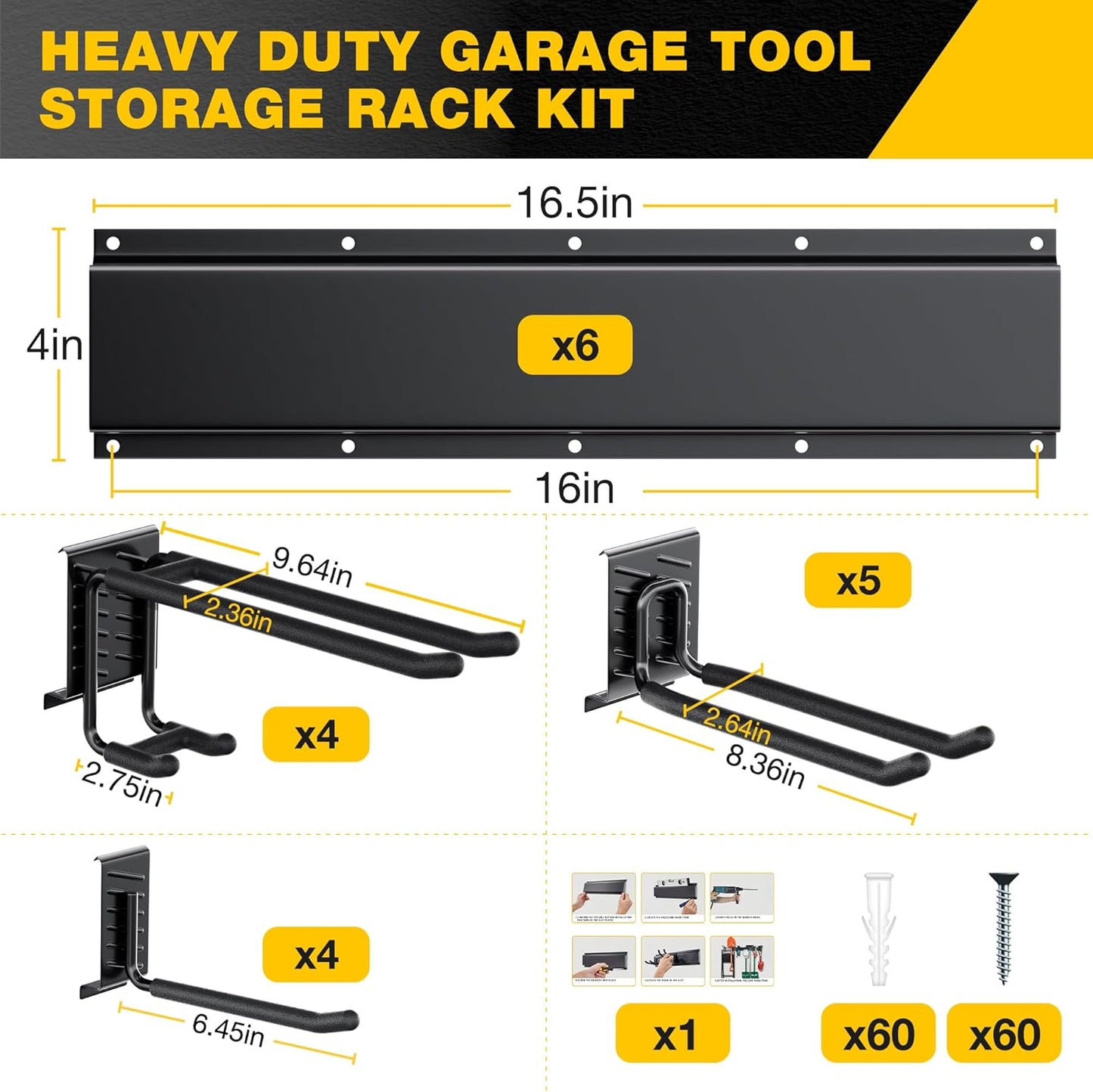 Garage Tool Organizer Wall Mount with 96 inches Rails and 13 Adjustable Heavy-Duty Hooks, Garden Tool Organizer, 19 Pack Carries 820 lbs, Heavy Duty Garage Storage Rack For Yard, Shed, Easy to install