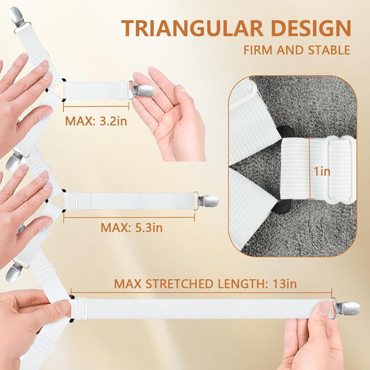 4PCS Bed Sheet Straps with Metal Clips, Adjustable Elastic Fitted Sheet Holders for Corners, Keep Bedding Wrinkle-Free, Easy to Install Durable Fasteners, Mattresses (White)