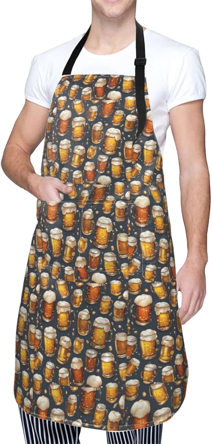 YANYU Beer Print 28x33 In Kitchen Apron Stylish Chef Apron with Pockets for Cooking Baking Painting
