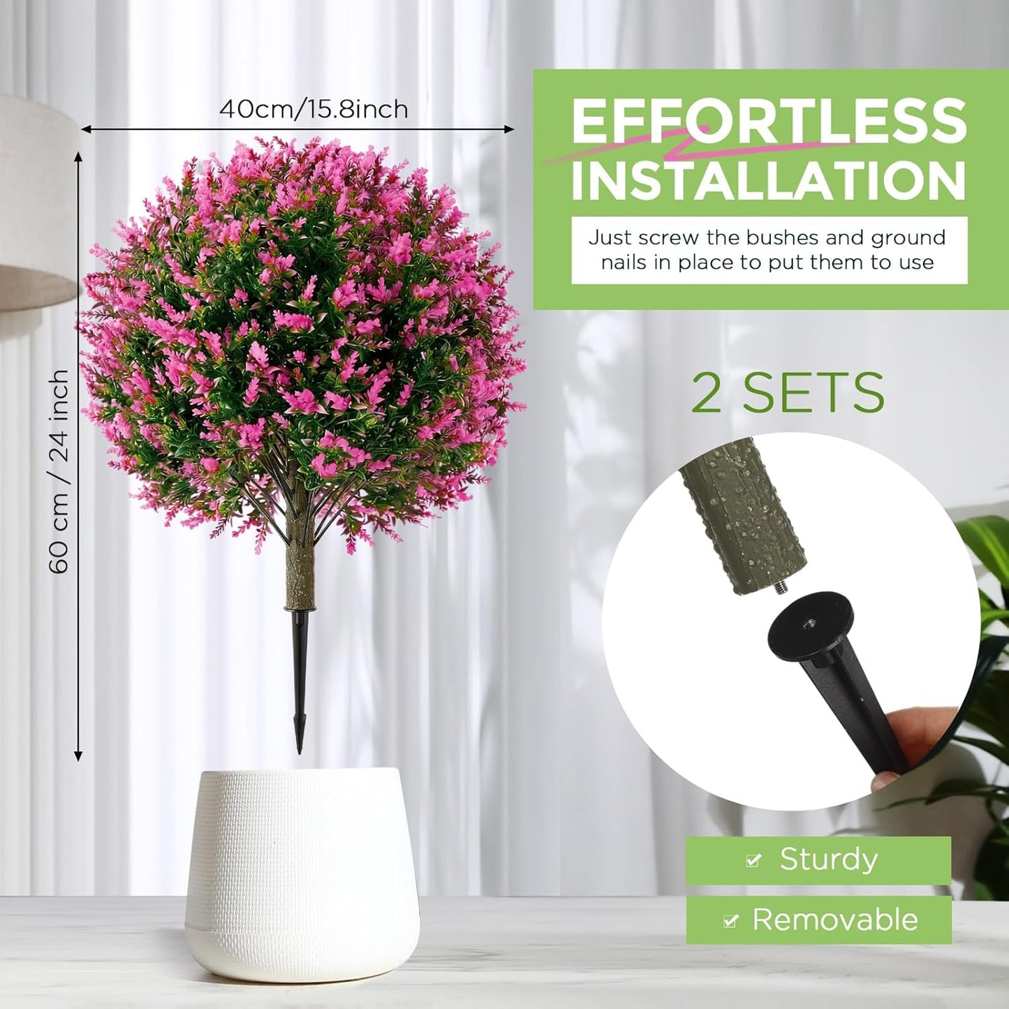 2 Pack 24" Artificial Topiary Ball Plants Trees with Flowers, Outdoor Fake Topiary Plants with Ground Spike, UV Resistant Faux Bushes for Indoor Outdoor Front Door Decor(Rose Pink,Lavender)