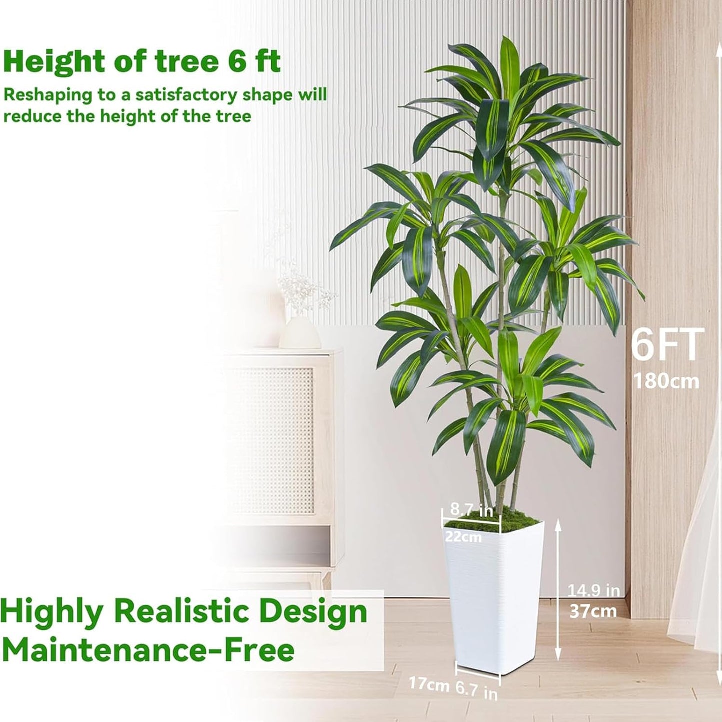 Artificial Dracaena Tree, 6FT Artificial Plants Indoor with White Tall Planter, Faux Yucca Silk Tree Fake Tropical Floor Plant in Pot, Fake Plants for Home House Room Office Entryway Porch Decor