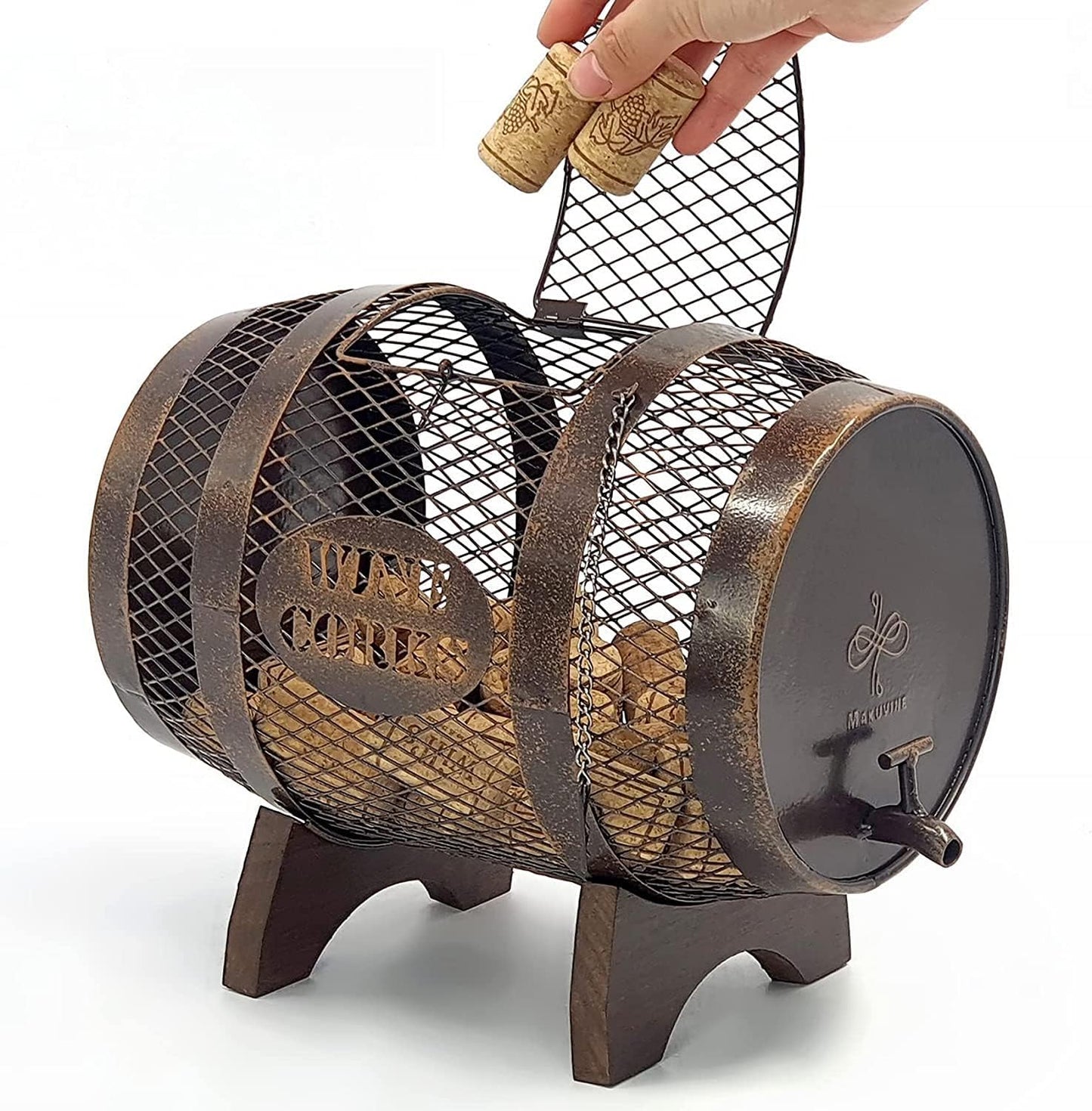 Rustic Metal Large Barrel Wine Cork Holder Display On Wooden Stand, Co