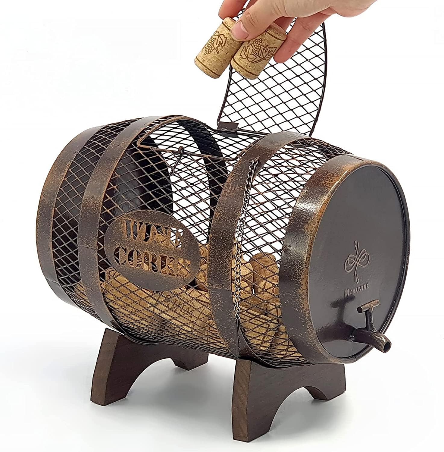 Rustic Metal Large Barrel Wine Cork Holder Display On Wooden Stand, Co