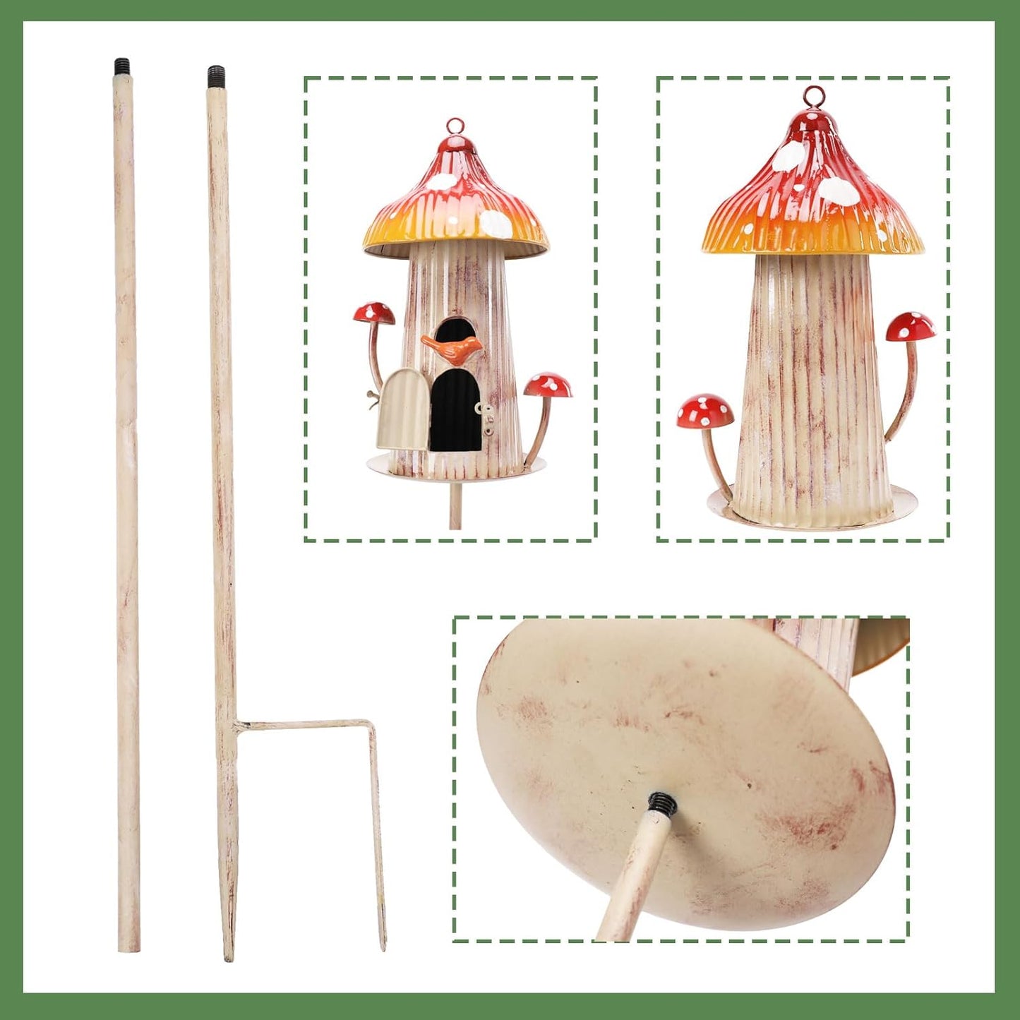 Yinns Bird House Stake for Outside, Metal Mushroom Birdhouse Garden Stake, Wild Bird Houses Pole for Small Bird Home Garden Decor