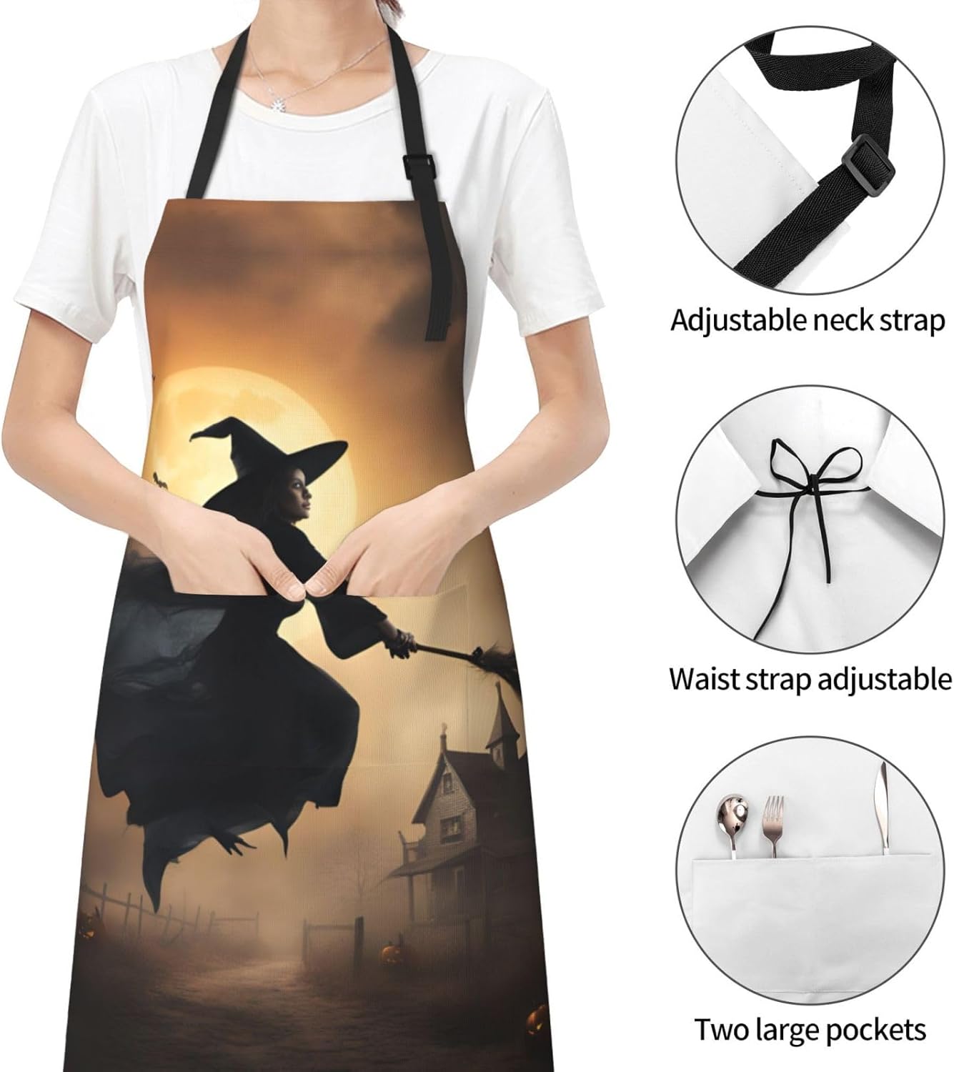 Halloween Witch Flying 2 print Waterproof chef's apron with pocket apron for kitchen cooking baking barbecue and gardening