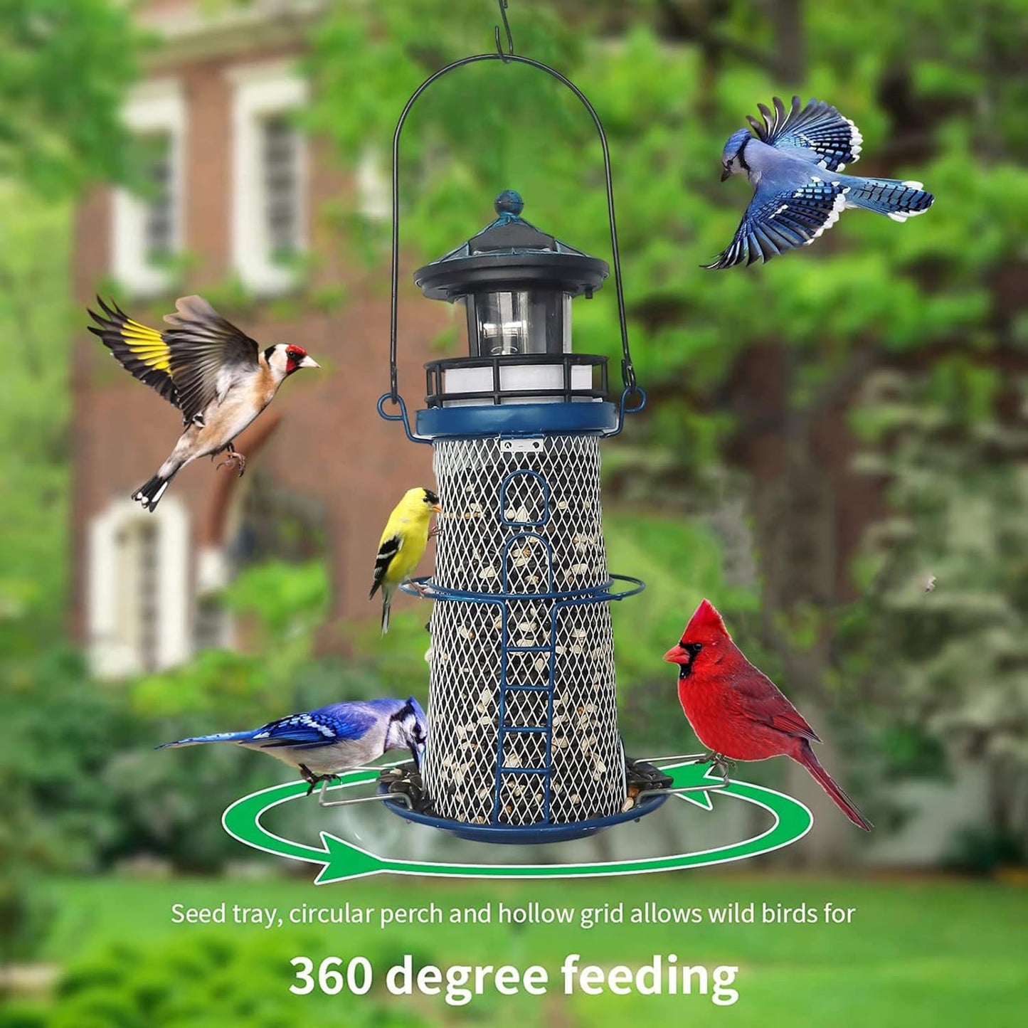 Solar Lighthouse Bird Feeder with Rotating Beacon - 14" Hanging Best Birdfeeder Gifts for Bird Lovers(Space Blue)