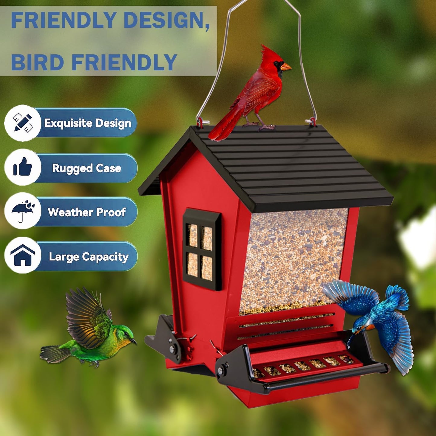 LSCQYYCCSquirrel Proof Bird Feeders for Outdoors Hanging, 5LB Capacity Metal Wild Birdfeeders Outside Hanging,Large Feeder That Attracts Cardinals, Chickadees, and More Birds-One in red