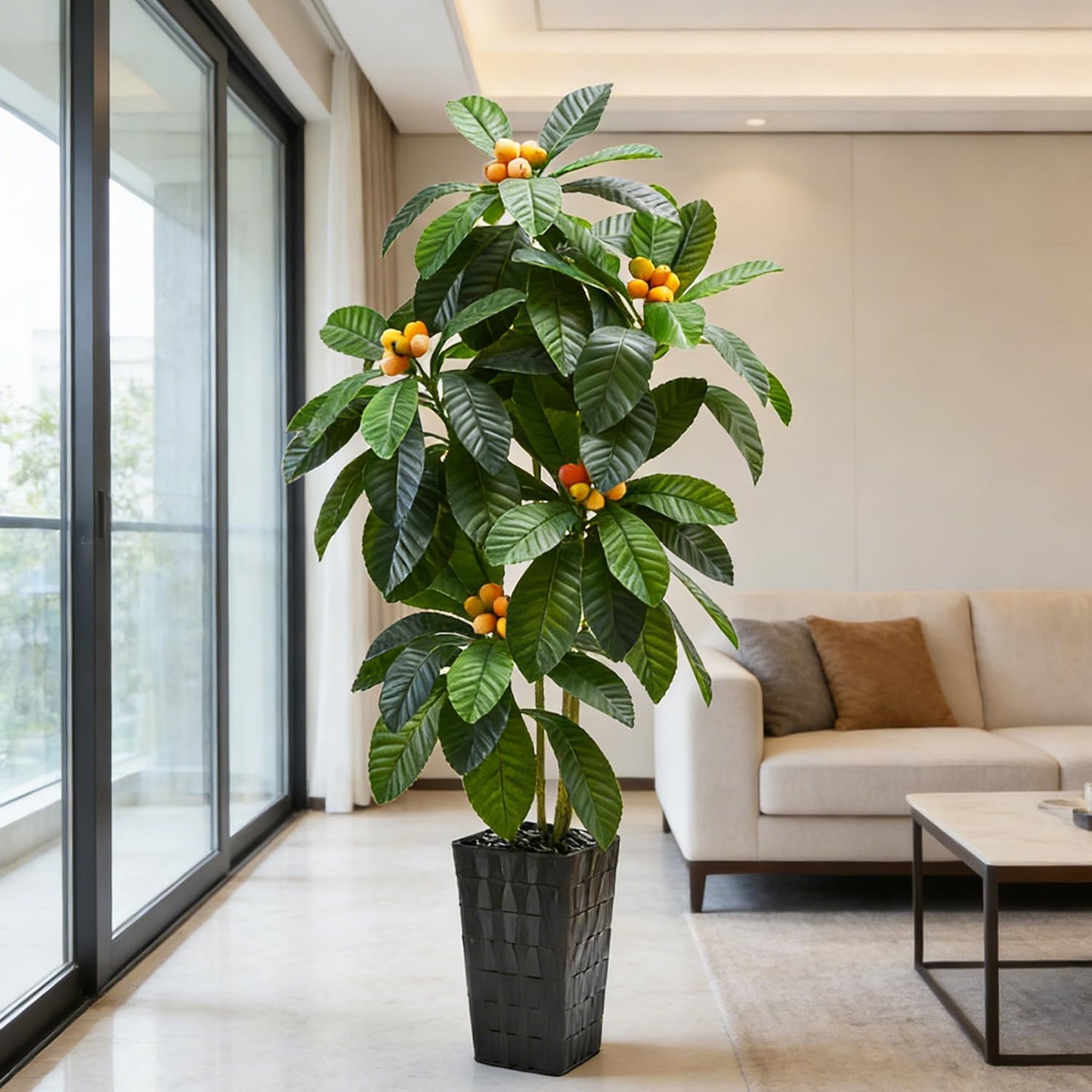 5FT Artificial Tree with Fruit, Artificial Loquat Tree, Large Fake Green Tropical Fruit Tree Silk Floor Plants Indoor with Black Planter for Outdoor Home Room Office Patio Decor