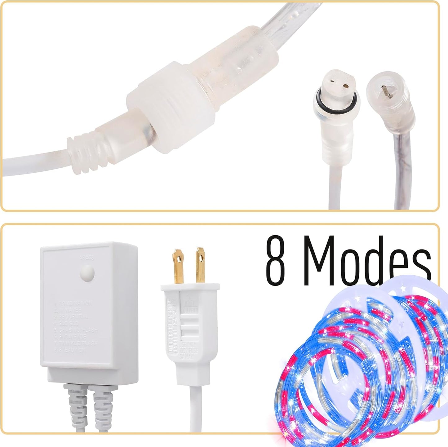 Waterproof LED Rope Lights, Connectable & Flexible with 8 Modes, Outdoor Lighting for Deck, Garden, Pool, Patio & Christmas Decor (Red/Blue/White, 100ft)