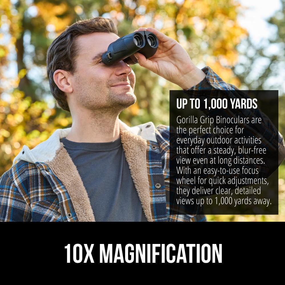GORILLA GRIP 10x25 Compact Binoculars for Adults with Strap, Superior High Powered Clear 10X Magnification, Lightweight, Bird Watching, Hunting, Stargazing, Adjustable Eye Cups, Black