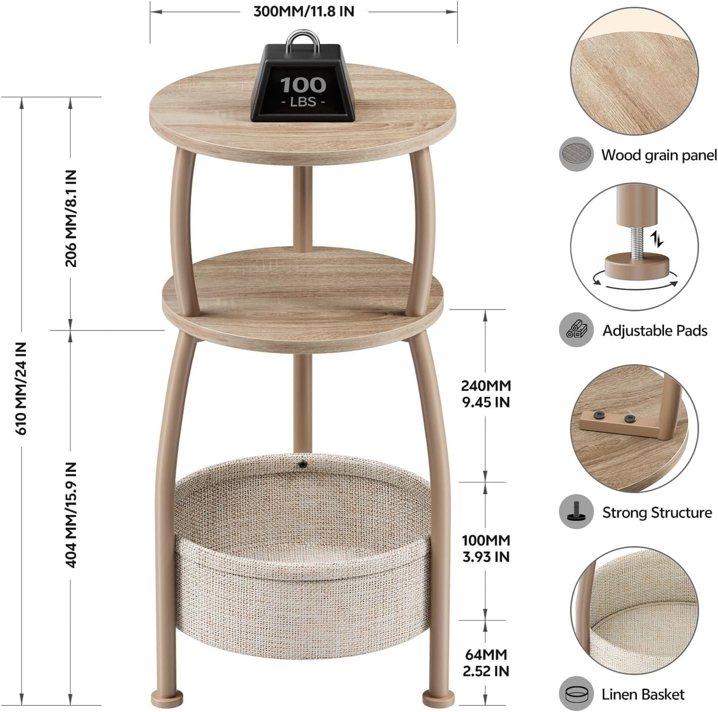 Small Side Table with Storage Basket, Space Saving Round End Table 3-Tier Bedside Corner Table for Living Room, Bedroom, Garden and More 11.81in Light Oak