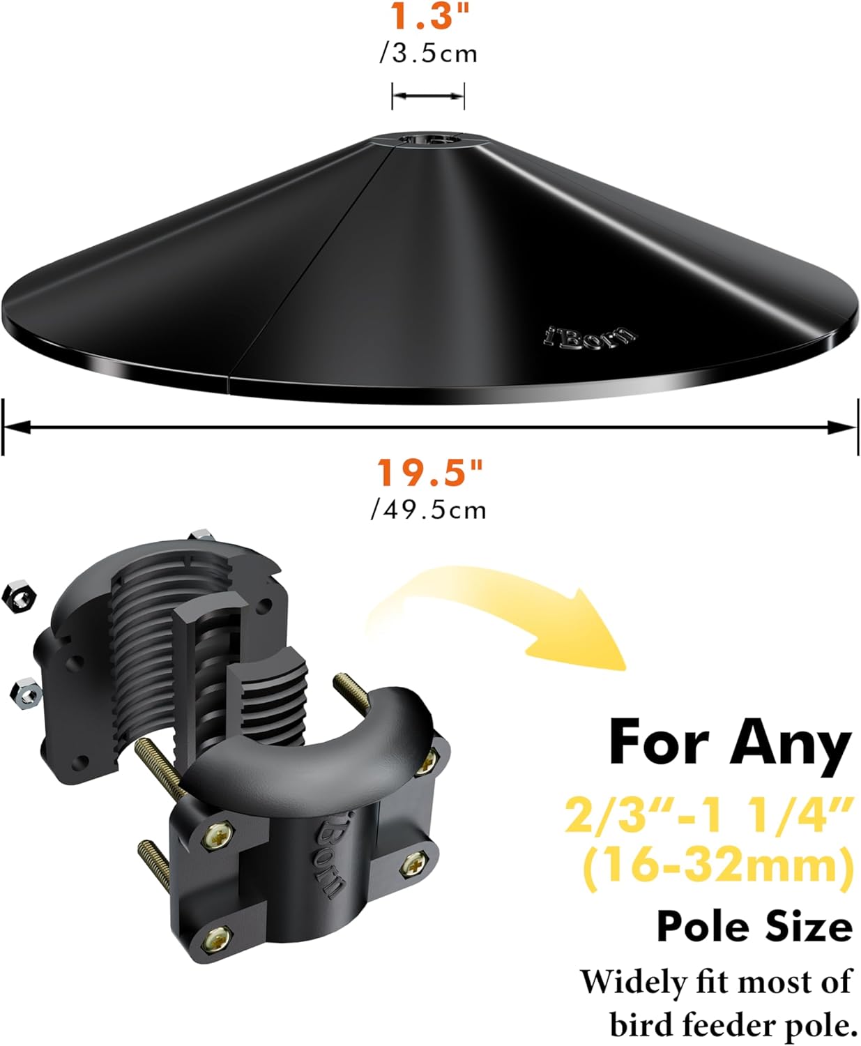 iBorn Squirrel Baffle for Bird Feeder Pole, 19.5” Oversized Squirrel Guard Defender, Bird Feeder for Outdoors Protector, Polycarbonate(PC), Pack of 1, Black
