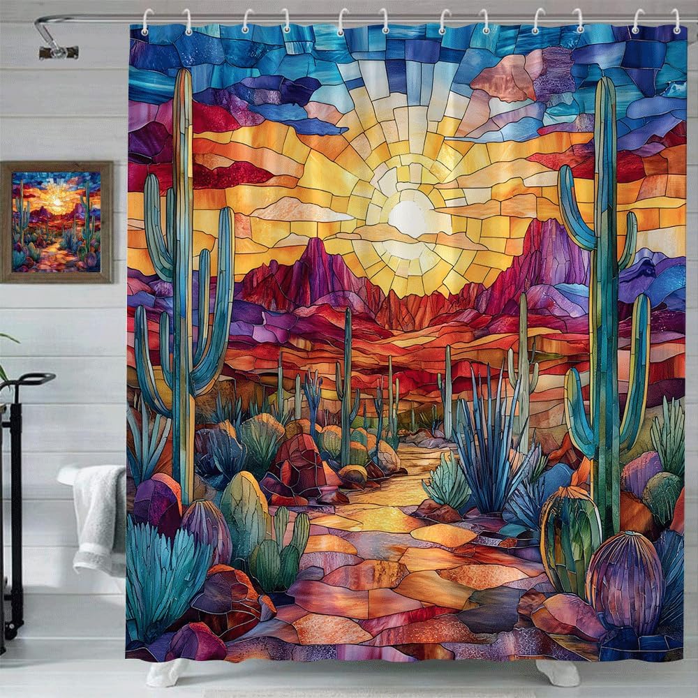 Western Desert Shower Curtain Boho Abstract Colorful Stained-Glass Southwestern Desert Cactus SunSet Montain Tropical Plant Outdoor Country Nature Landscape Bathroom Decor Fabric Curtain with Hooks