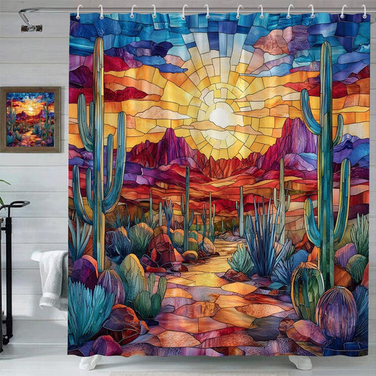 Western Desert Shower Curtain Boho Abstract Colorful Stained-Glass Southwestern Desert Cactus SunSet Montain Tropical Plant Outdoor Country Nature Landscape Bathroom Decor Fabric Curtain with Hooks