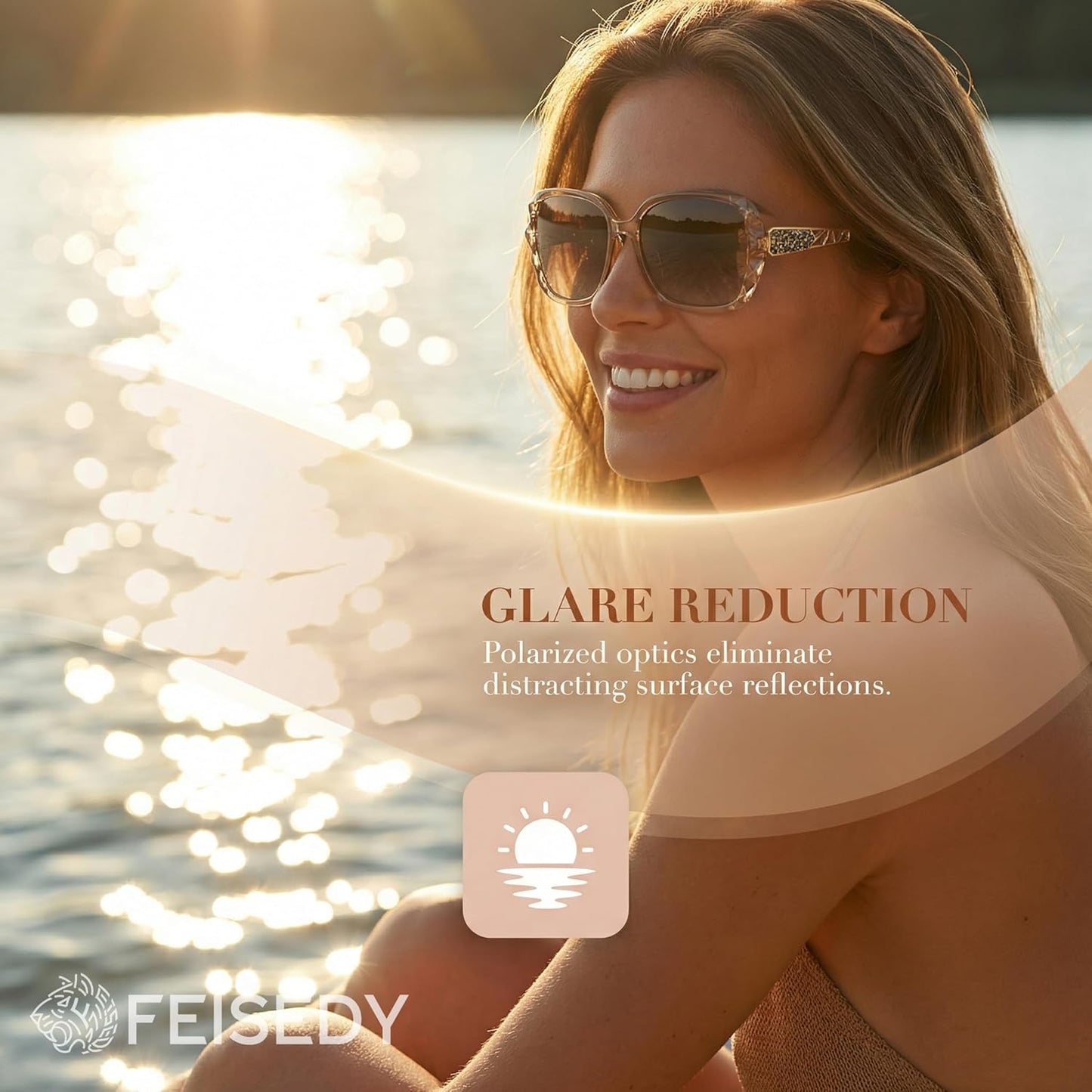 FEISEDY Polarized Women Square Sunglasses Sparkling Composite Shiny Fr