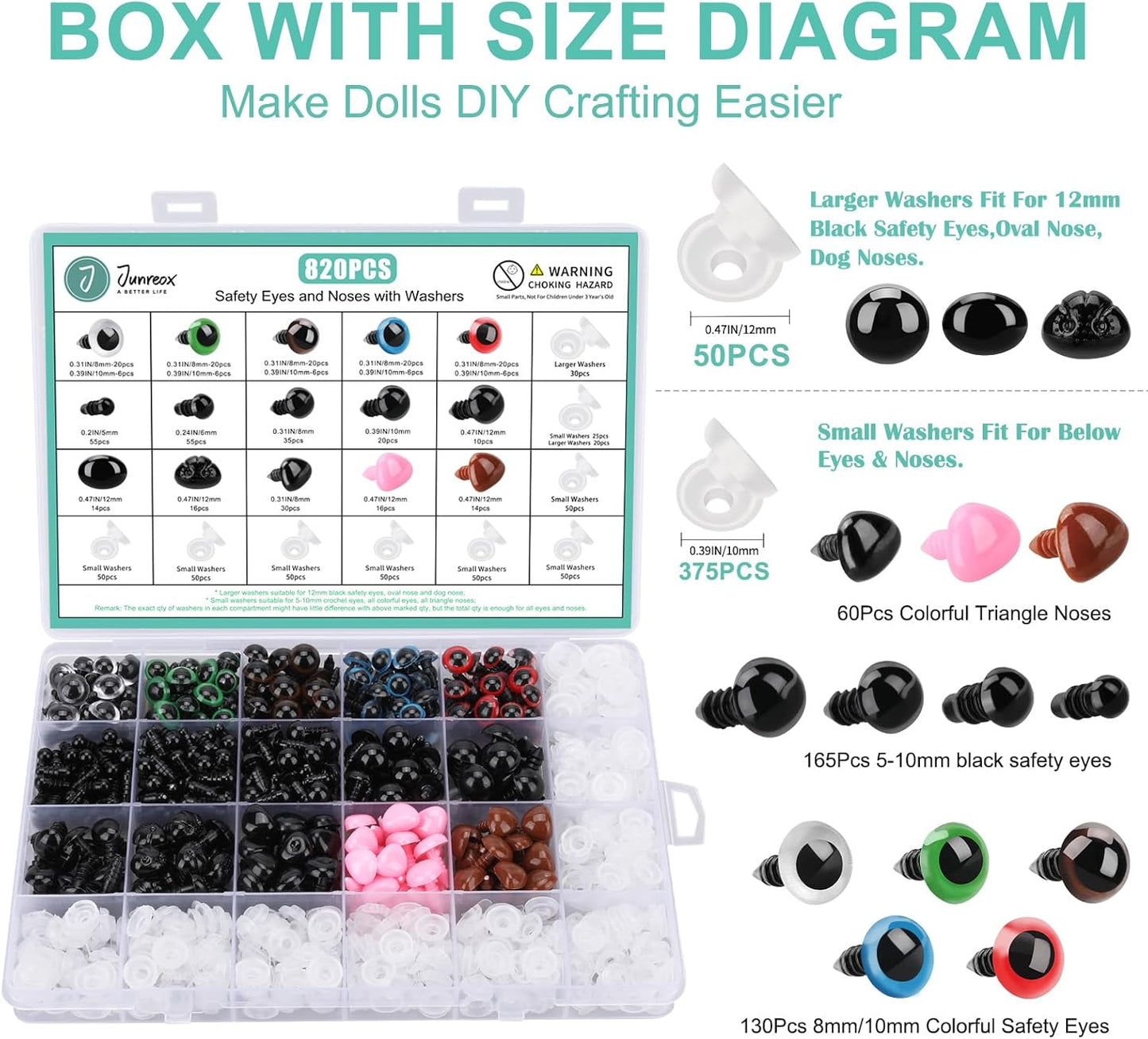 Junreox 820pcs Safety Eyes for Amigurumi- Premium Safety Eyes and Nose