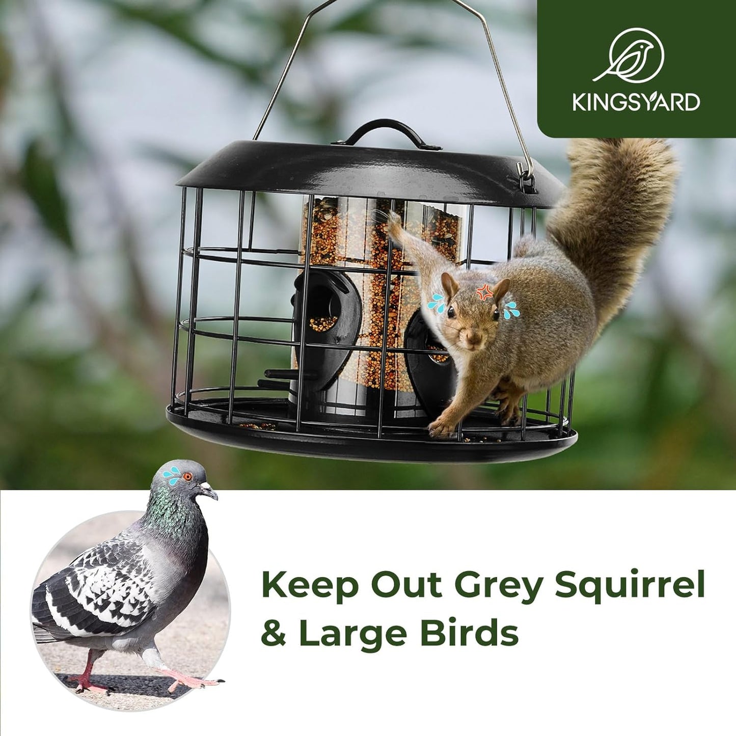 Kingsyard Mesh Caged Bird Feeders for Outdoor Hanging, Tube Squirrel Proof Bird Feeders with Tray for Small Birds Finches Bluebird, Rain Proof Covered, 4 Feeding Ports, Black