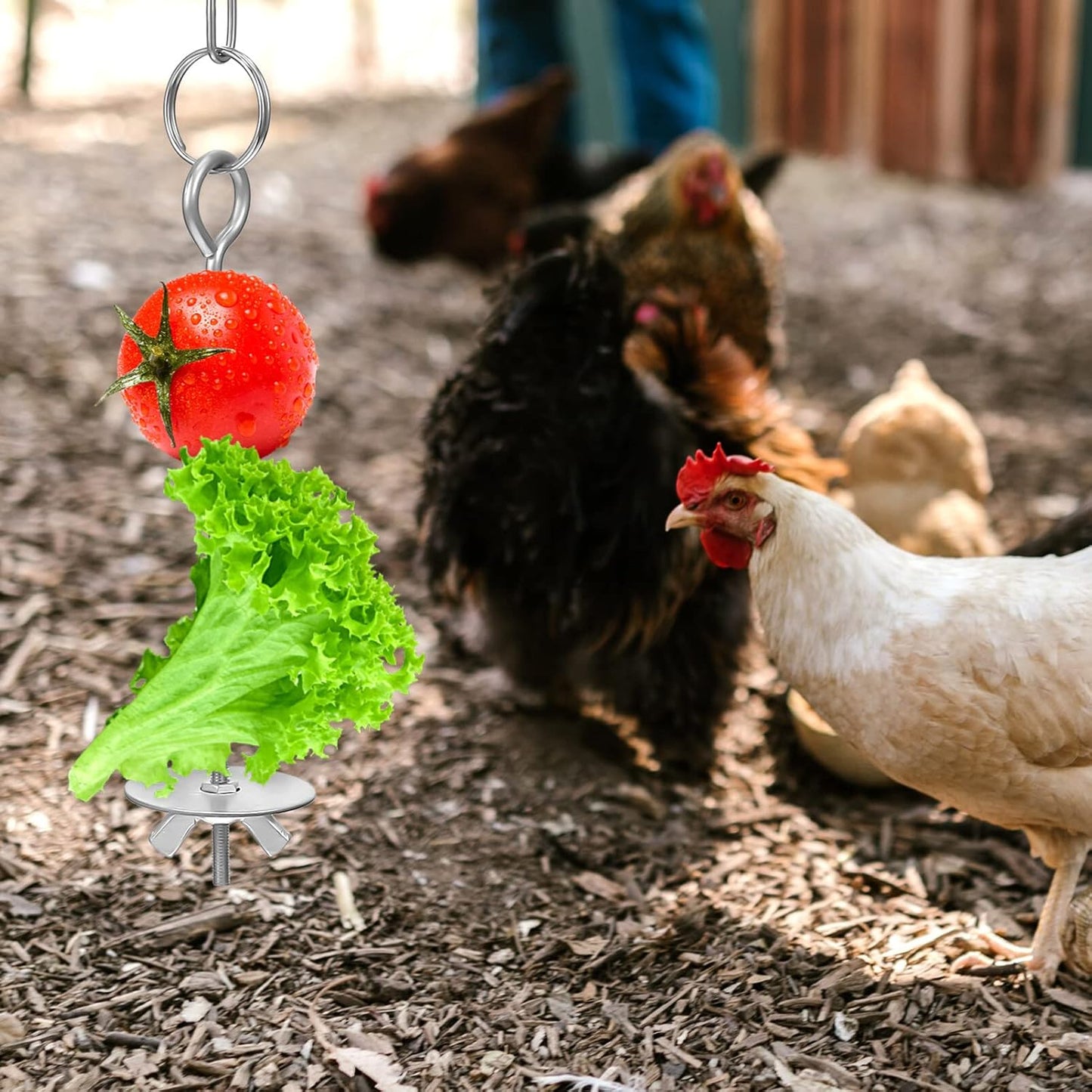 POPETPOP Chicken Hanging Feeder Chain with Adjustable Stainless Steel Skewer 21 Inch Vegetable and Fruit Holder for Hens Medium Large Birds Interactive Feeding