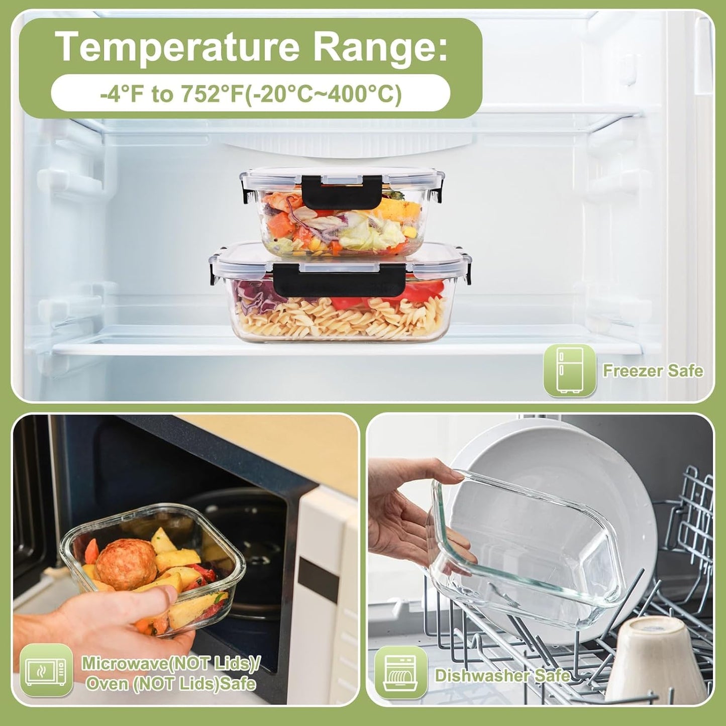 Liuruiyu 8 Pack Glass Food Storage Containers with Lids, Meal Prep Containers, Airtight Bento Boxes with Leak Proof Locking for Microwave, Oven, Freezer and Dishwasher, BPA Free