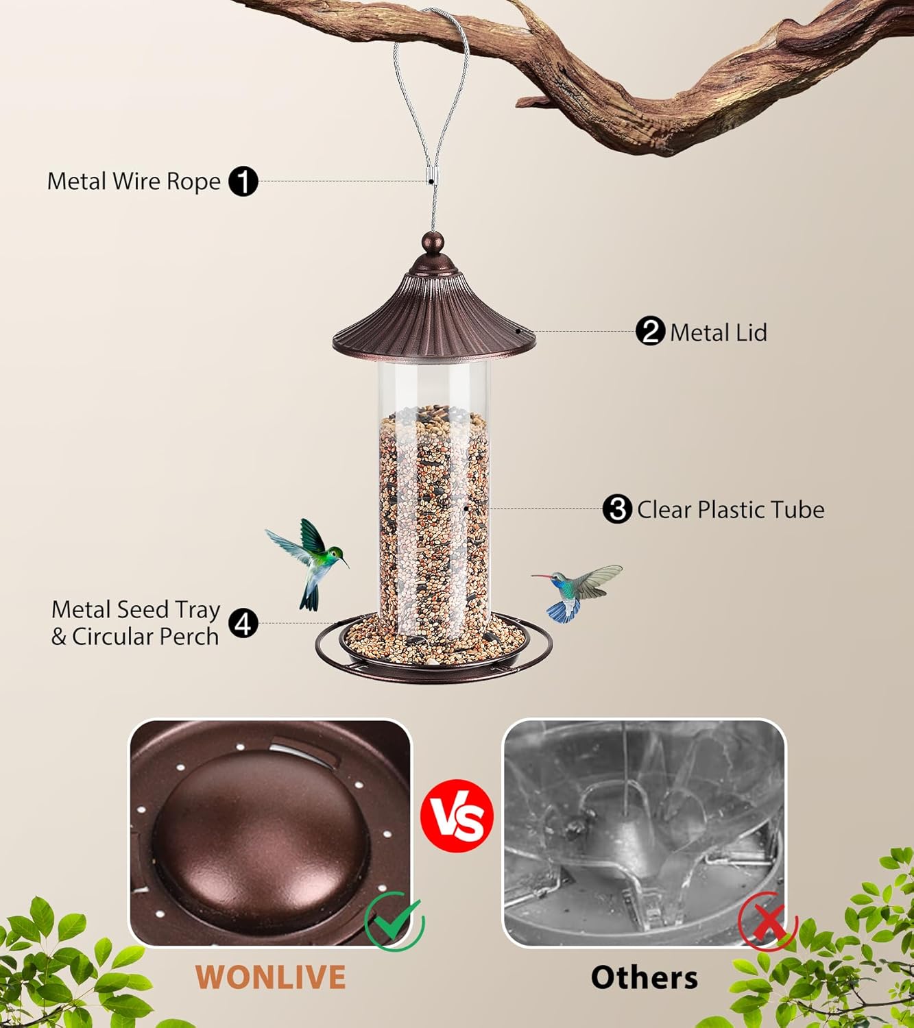 Bird Feeder, Easy to Fill Feeder for Small Wild Birds, Metal - Hanging Bird Feeder for Garden Yard Outside, 0.8 LBS Capacity