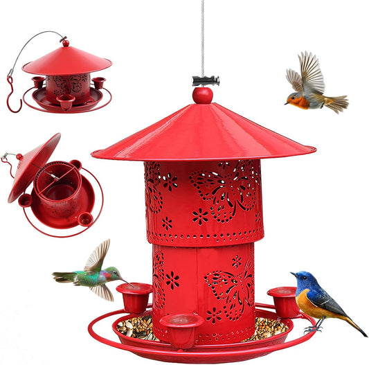 MIGHTYDUTY Wild Bird Feeders Hanging Squirrel Proof Bird Feeder 50 Ounces Large Capacity Foldable Metal Bird Seed Feeders with 3 Water Cups for Small Birds for Outdoors Garden Backyard (Red)