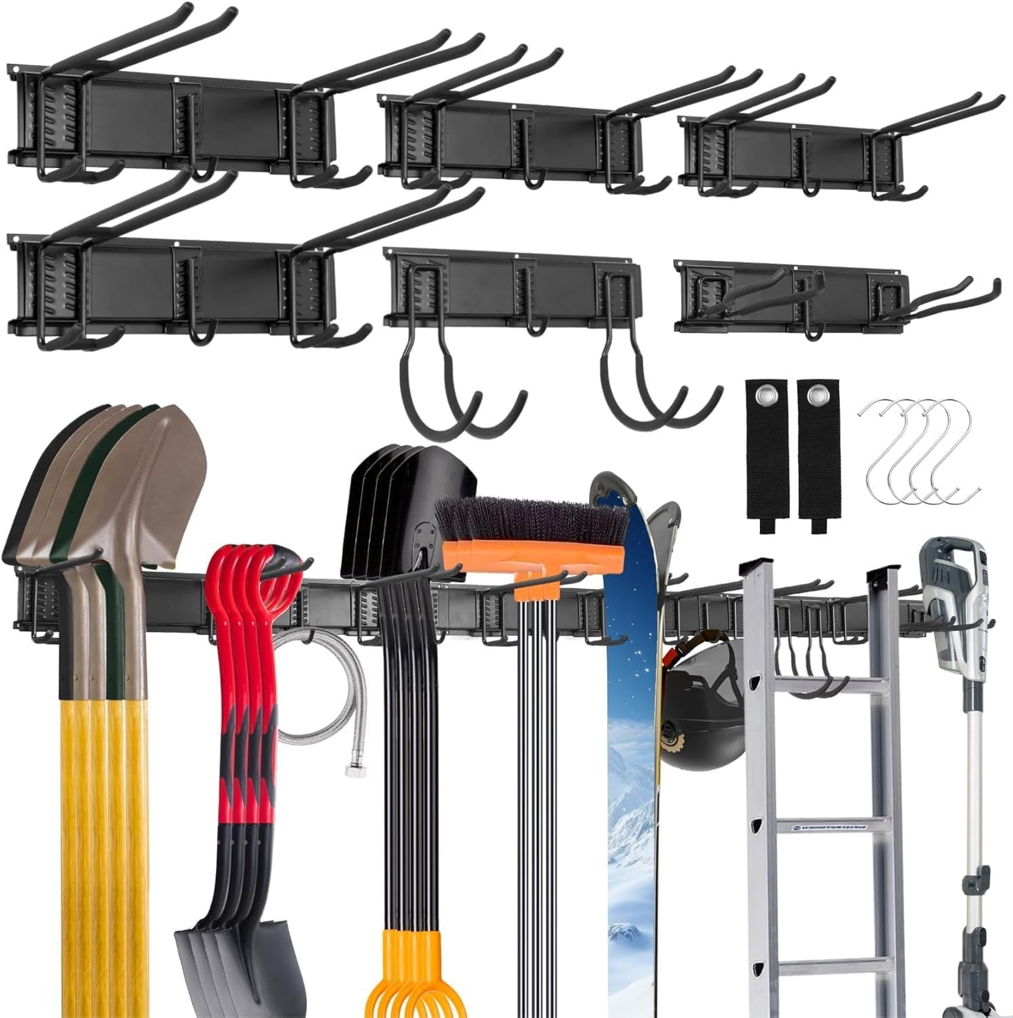 Sinoer Tool Organizer Wall Mount, 96 Inch Garage Storage Wall Organizer, Garden Tool Storage Rack with 18 Hooks+ 4 S-hooks & 2 straps - suitable for ski equipment, shovels, rakes，chairs
