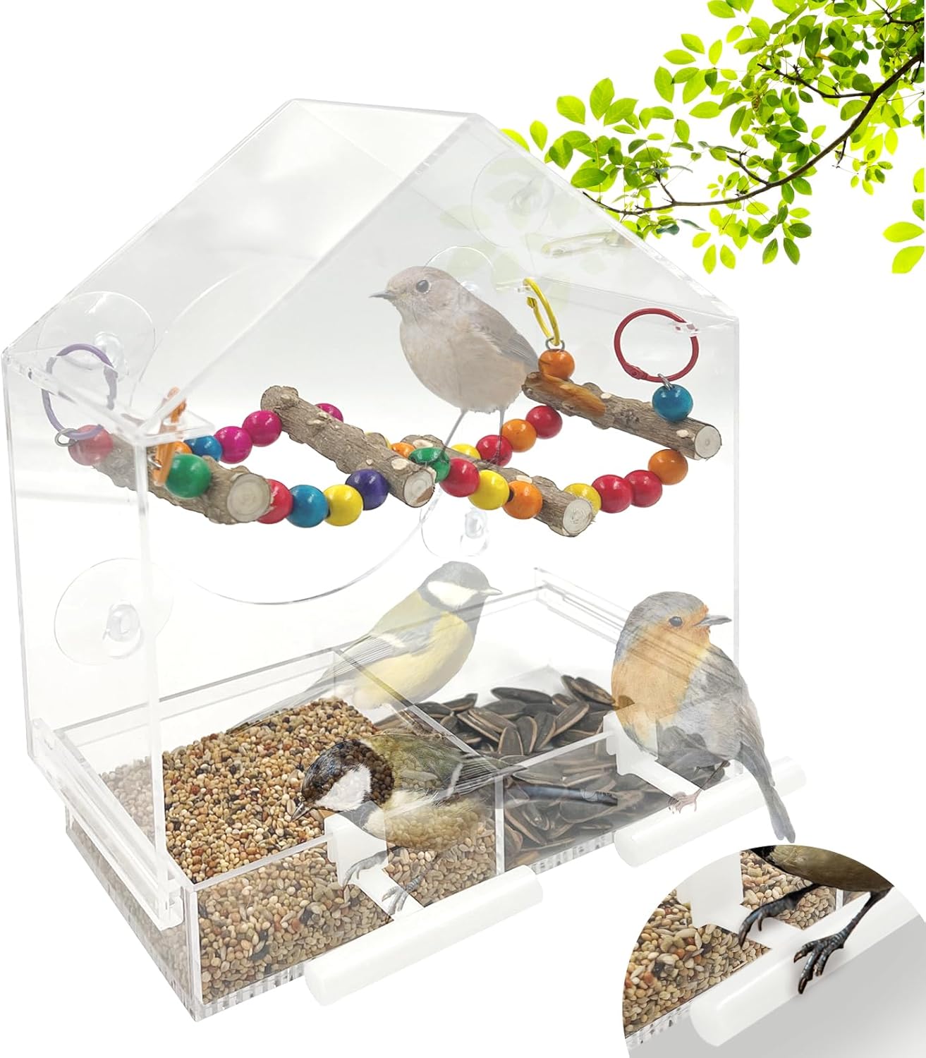 SNAIL GARDEN 9" Large Windows Bird Feeder with Peppered Wood Swing,2PCS Standing Stakes,4PCS Suction Cups,Acrylic Bird Feeder on Window with Removable Seed Tray(9×8.6×3.9in)