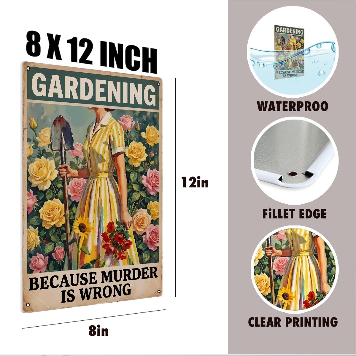 mmiishe Funny Gardening Because Murder Is Wrong Tin Sign 8x12 Inch, Re