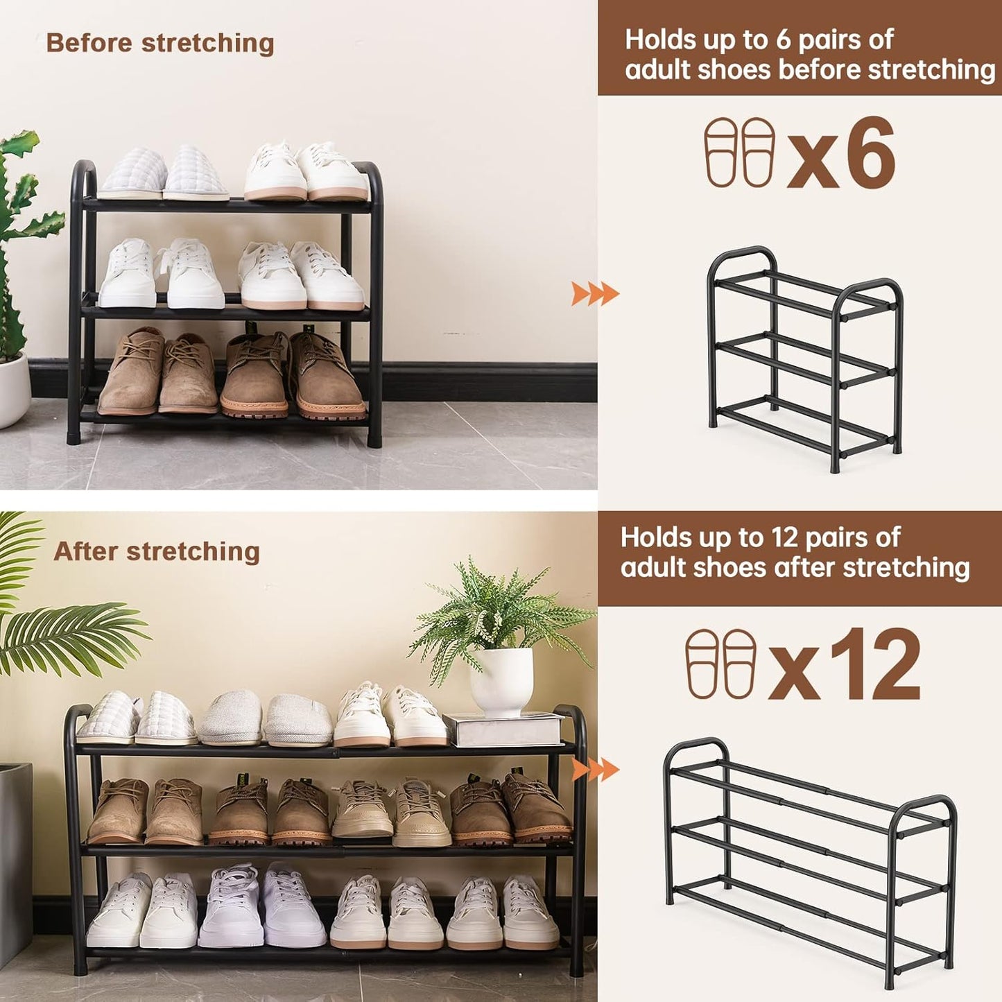 Gonfoam 3-Tier Expandable Shoe Rack,Adjustable Shoe Shelf Storage Orga