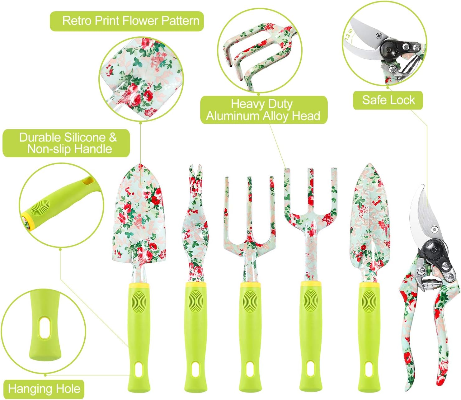 Gardening Tool Set - 13 PCS Heavy Duty Aluminum Gardening Tools Kit Fl