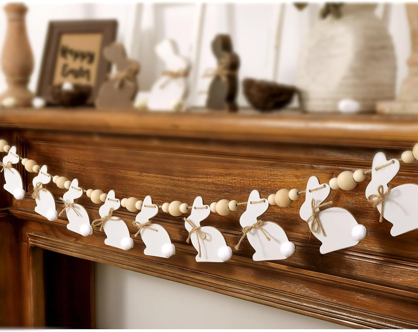Easter Decorations Garlands, Cute Bunny Easter Garland with Wooden Beads, Rustic Banner for Mantel, Fireplace, Wall, Home, Farmhouse, Office, School Indoor Spring Decor Supplies